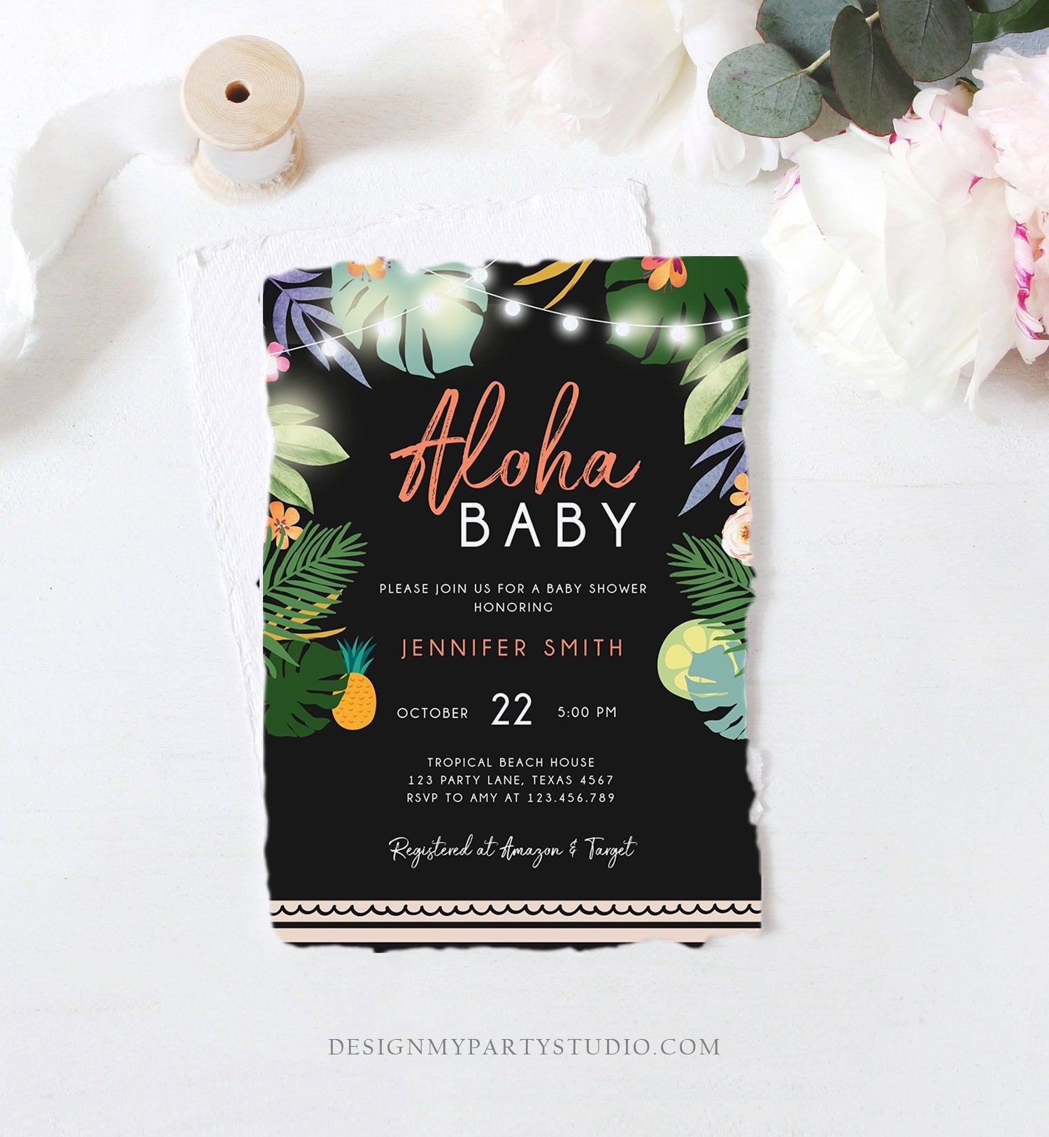 Editable Tropical Baby Shower Invitation Oh Baby Aloha Coed Shower Party Sprinkle Luau Palm Hawaiian Beach Corjl Template Printable 0183