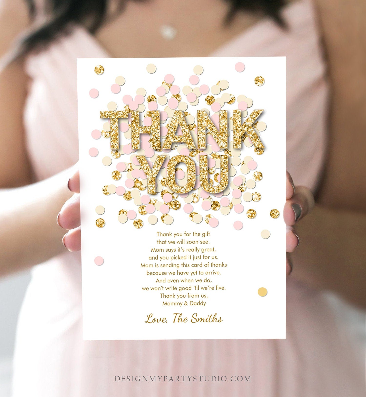 Editable Confetti Thank You Card Baby Shower Birthday Thank You Note Pink Gold Glitter Girl Download Corjl Template Printable 0114