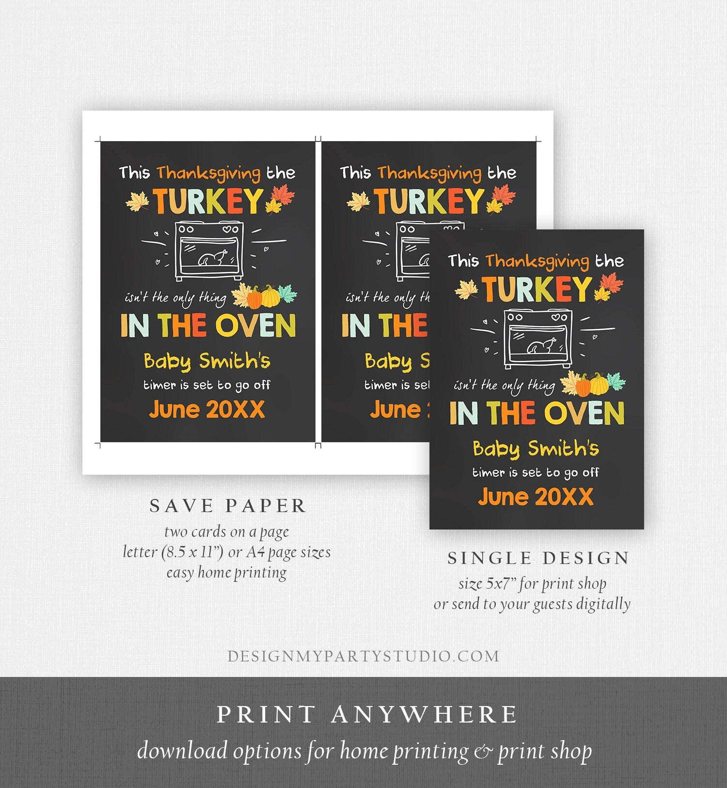 Editable Thanksgiving Pregnancy Announcement Reveal Turkey In The Oven Baby on the Way Fall Autumn Download Corjl Template Printable 0314