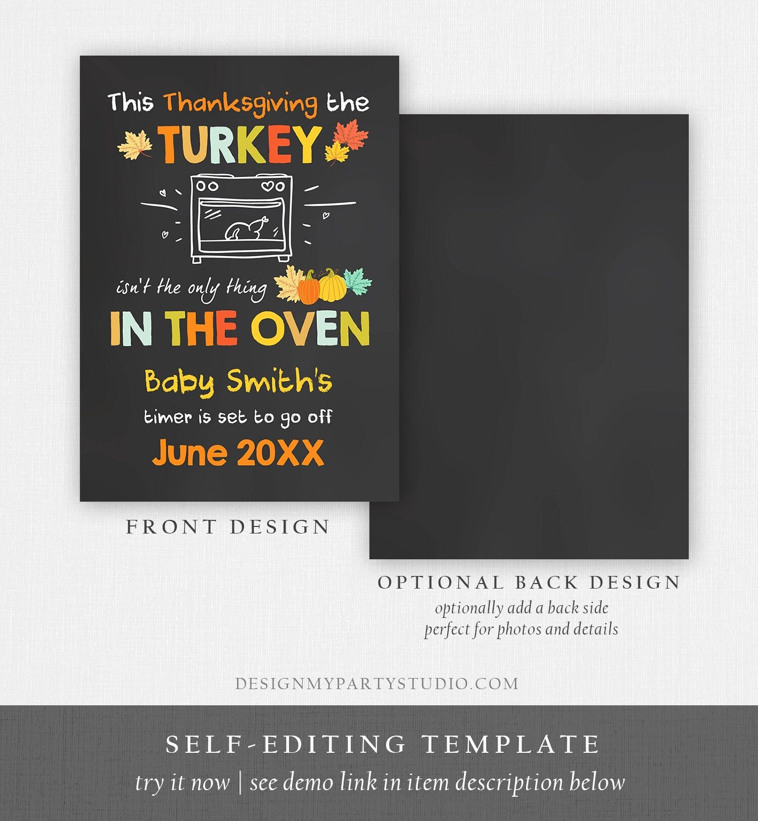 Editable Thanksgiving Pregnancy Announcement Reveal Turkey In The Oven Baby on the Way Fall Autumn Download Corjl Template Printable 0314