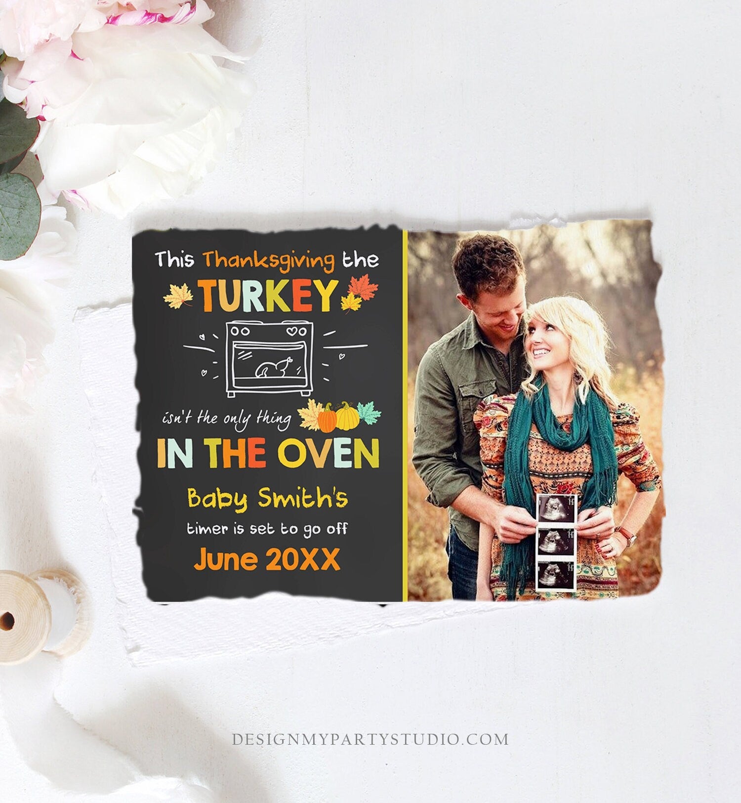 Editable Thanksgiving Pregnancy Announcement Reveal Turkey In The Oven Baby on the Way Fall Autumn Download Corjl Template Printable 0314