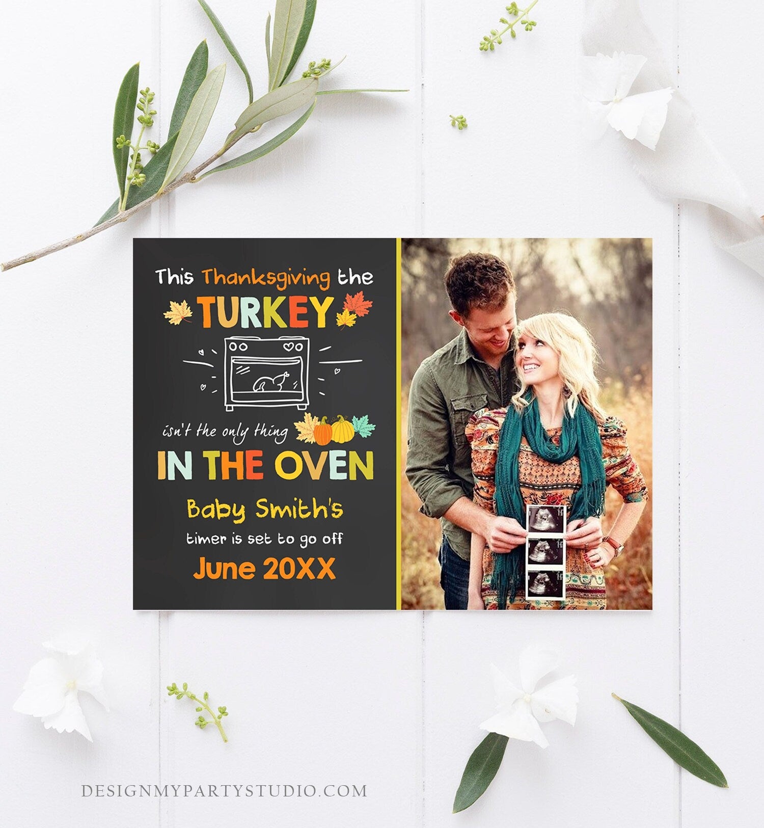 Editable Thanksgiving Pregnancy Announcement Reveal Turkey In The Oven Baby on the Way Fall Autumn Download Corjl Template Printable 0314