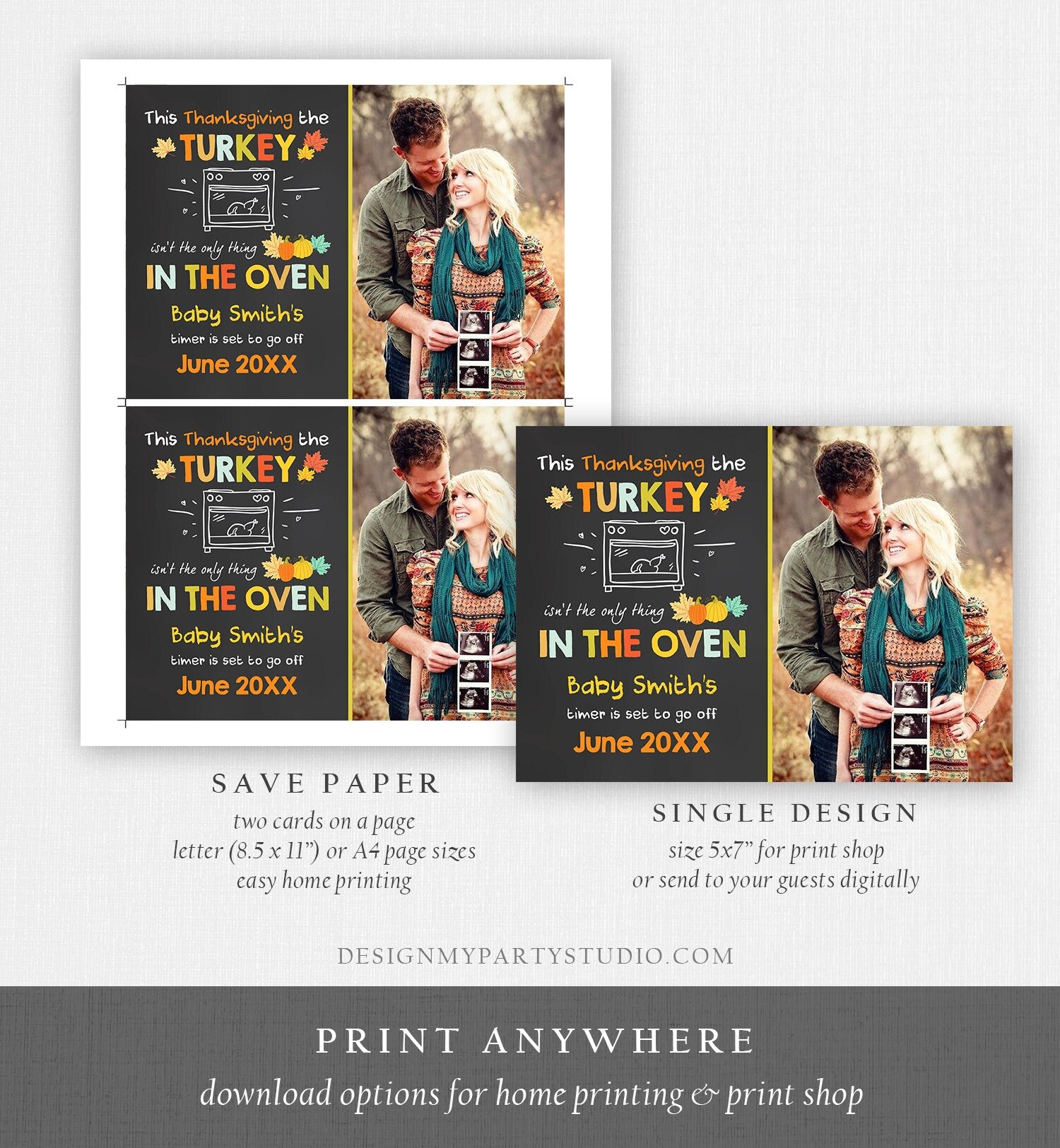 Editable Thanksgiving Pregnancy Announcement Reveal Turkey In The Oven Baby on the Way Fall Autumn Download Corjl Template Printable 0314