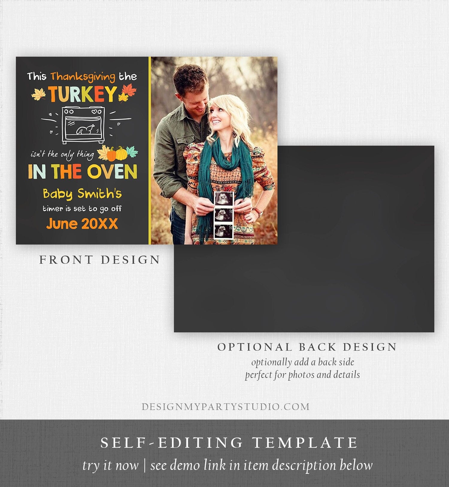 Editable Thanksgiving Pregnancy Announcement Reveal Turkey In The Oven Baby on the Way Fall Autumn Download Corjl Template Printable 0314