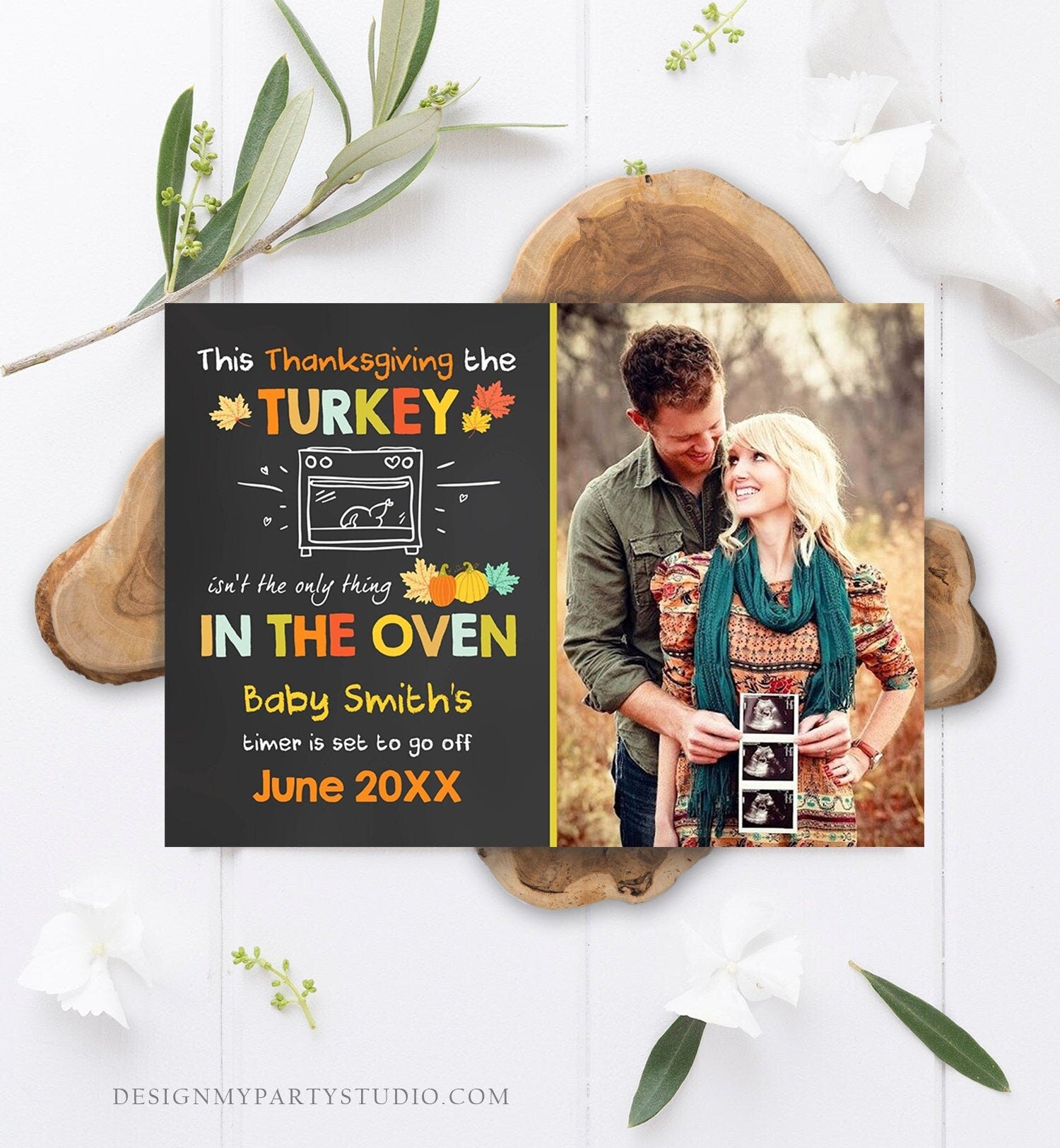 Editable Thanksgiving Pregnancy Announcement Reveal Turkey In The Oven Baby on the Way Fall Autumn Download Corjl Template Printable 0314