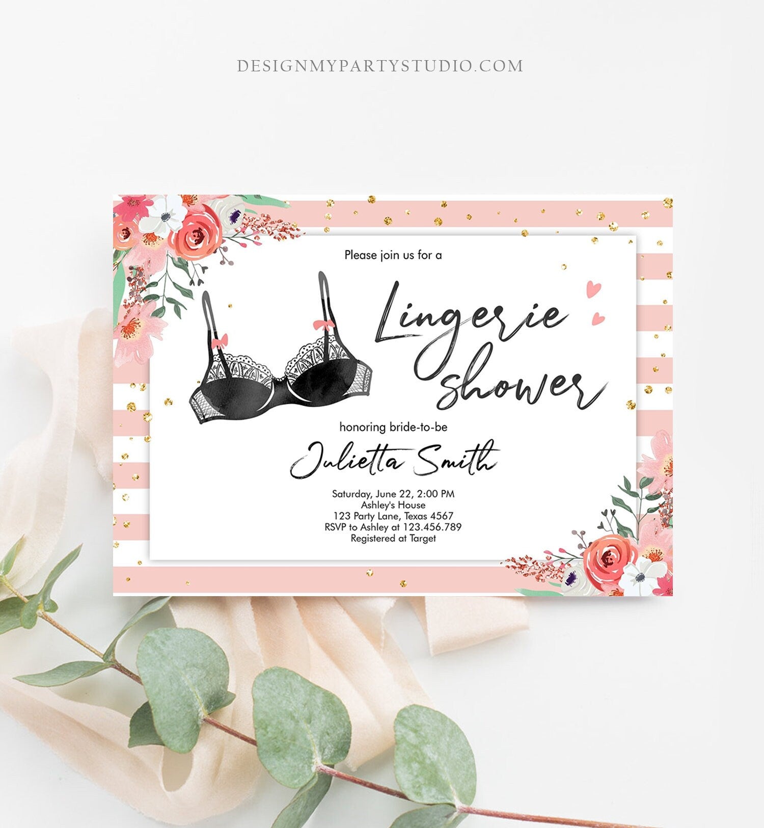 Editable Lingerie Bridal Shower Invitation Blush Pink Gold Bachelorette Party Lingerie Party Download Printable Template Corjl Digital