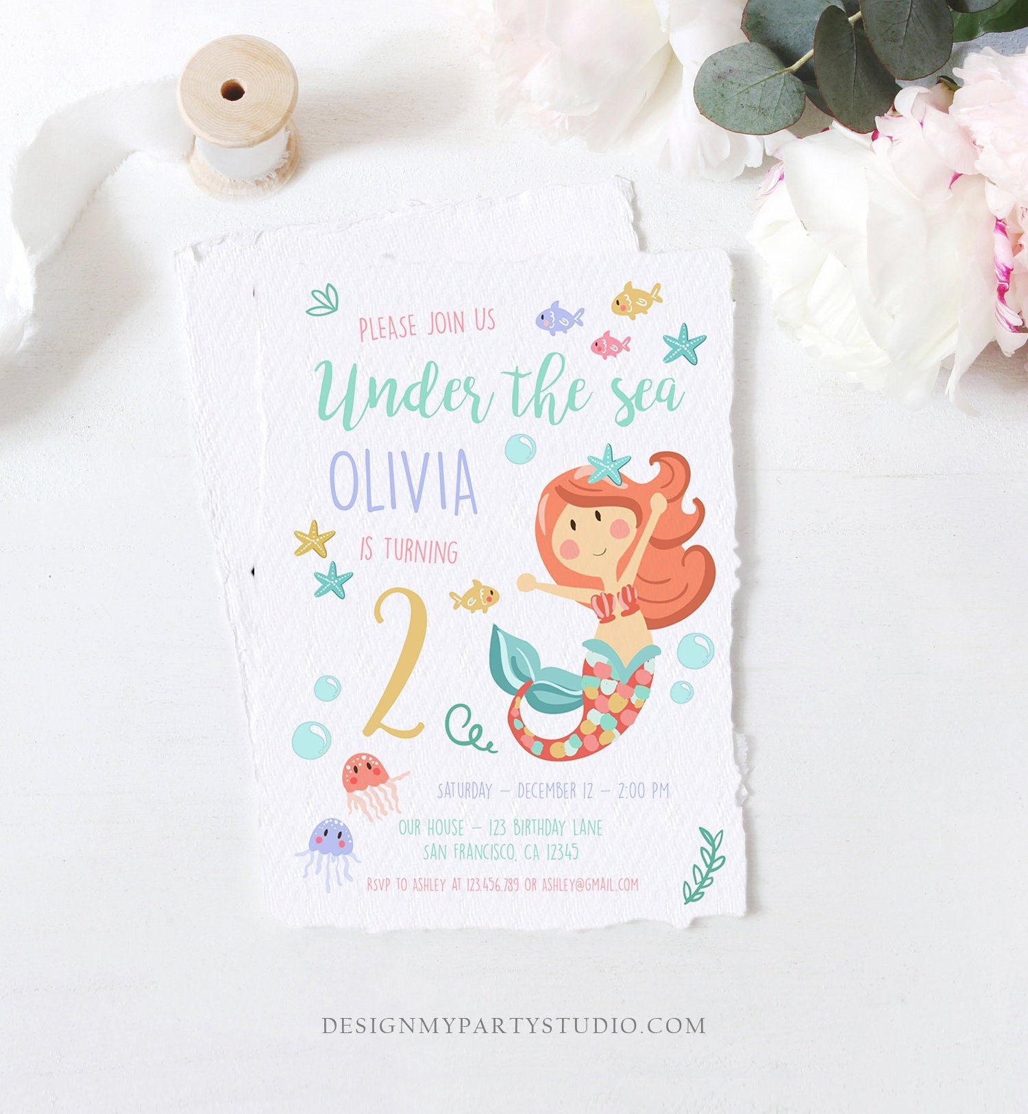 Editable Little Mermaid Birthday Invitation Girl First Birthday Under The Sea Coral Starfish Instant Download Corjl Template Printable 0124