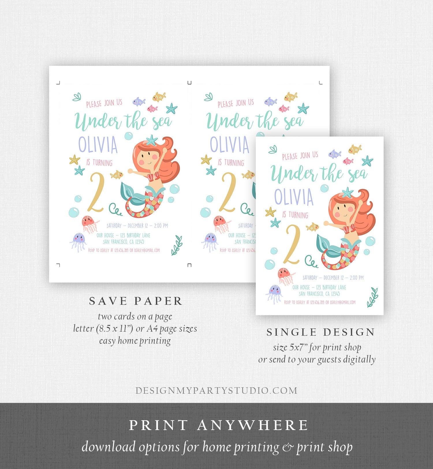 Editable Little Mermaid Birthday Invitation Girl First Birthday Under The Sea Coral Starfish Instant Download Corjl Template Printable 0124