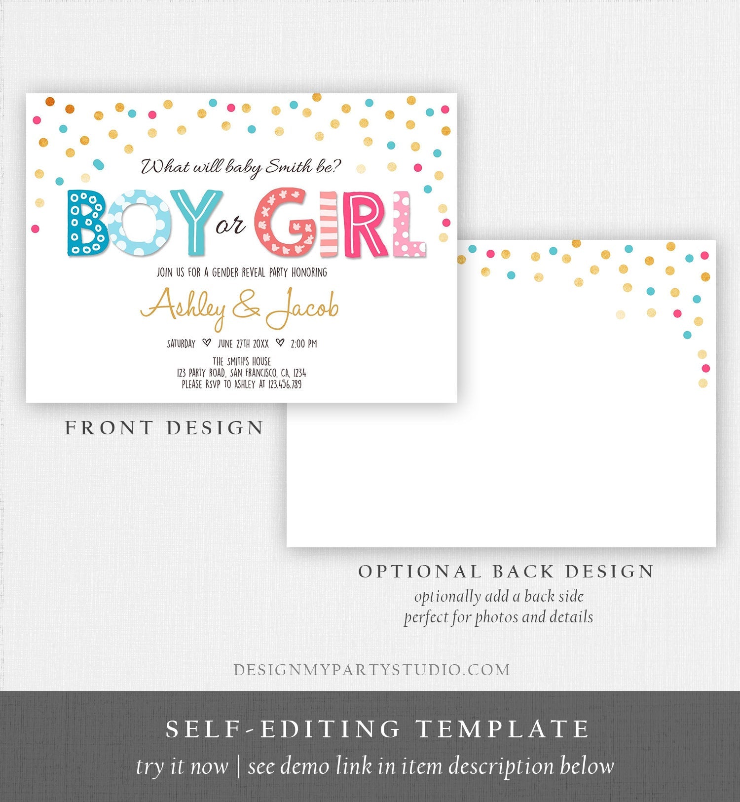 Editable Gender Reveal Invitation Boy or Girl Reveal Invite Blue or Pink He or She Instant Download Printable Template Corjl