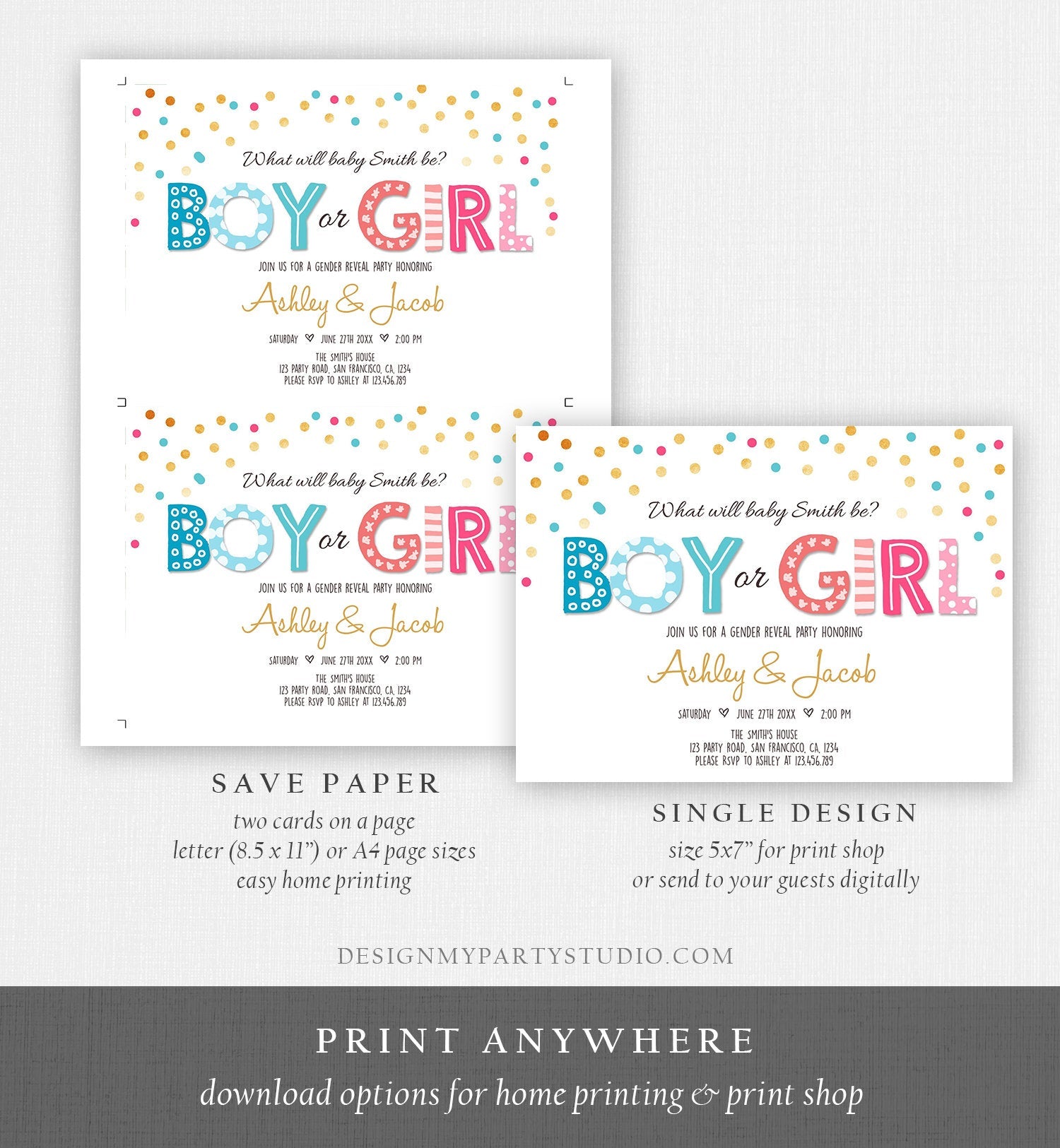 Editable Gender Reveal Invitation Boy or Girl Reveal Invite Blue or Pink He or She Instant Download Printable Template Corjl