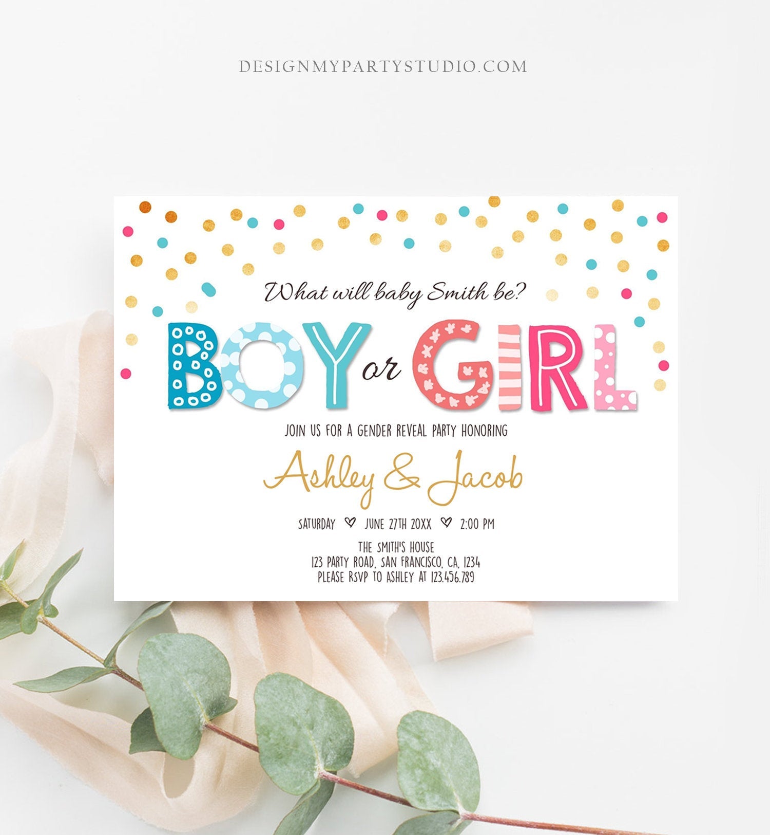 Editable Gender Reveal Invitation Boy or Girl Reveal Invite Blue or Pink He or She Instant Download Printable Template Corjl