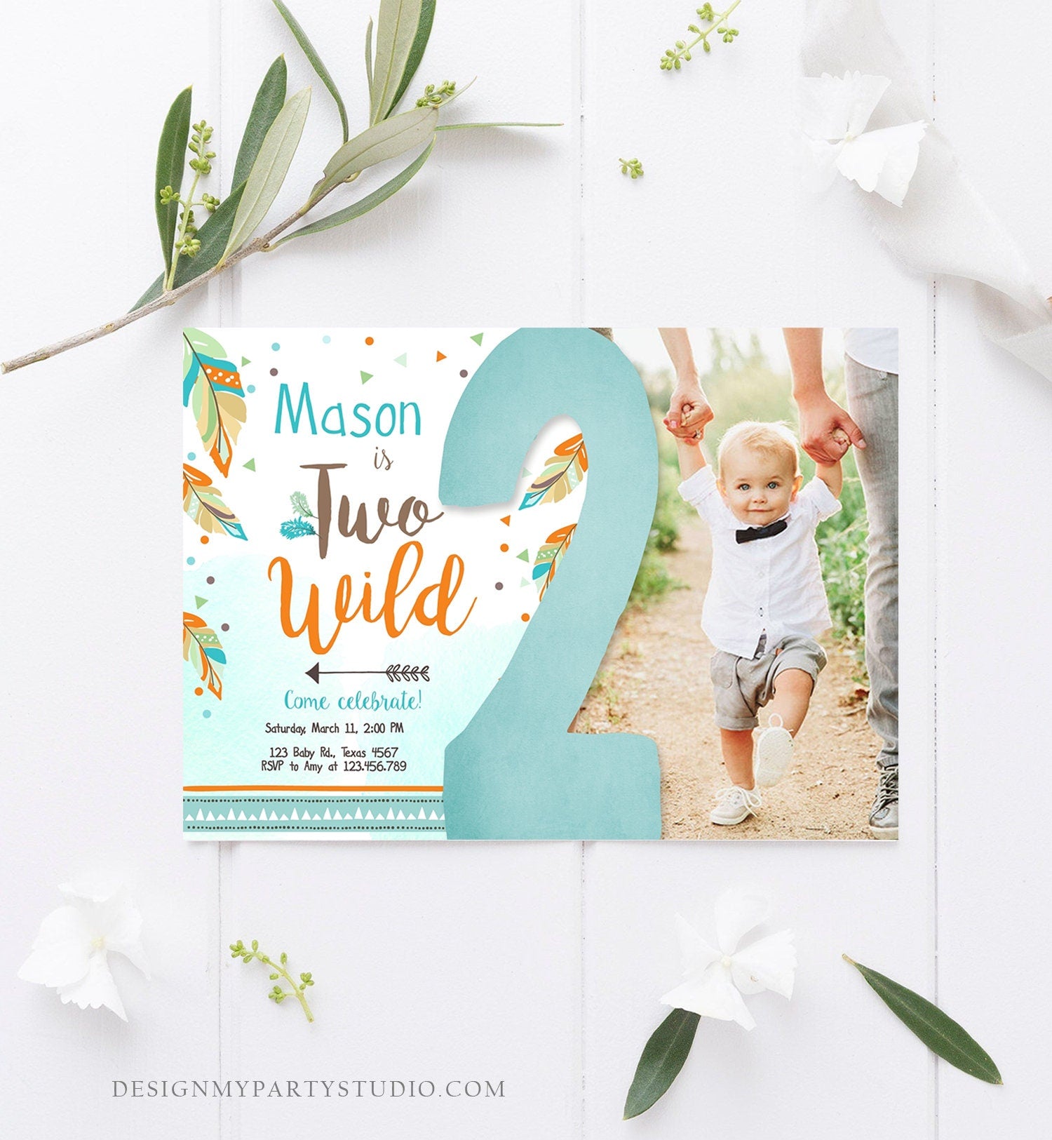 Editable Two Wild Birthday Invitation Boy Second Birthday 2nd Tribal Boho Arrow Feathers Blue Photo Download Corjl Template Printable 0038