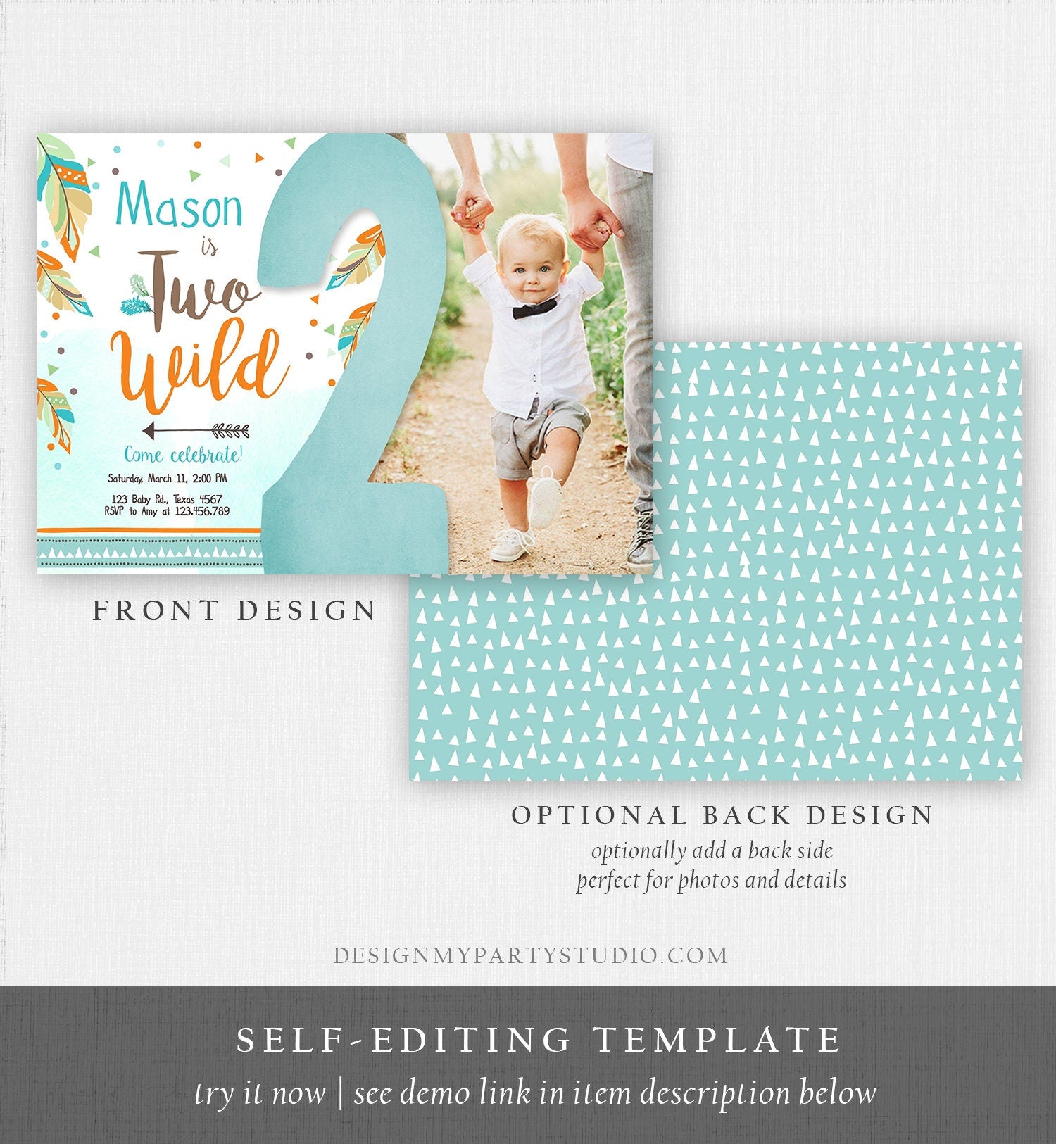 Editable Two Wild Birthday Invitation Boy Second Birthday 2nd Tribal Boho Arrow Feathers Blue Photo Download Corjl Template Printable 0038