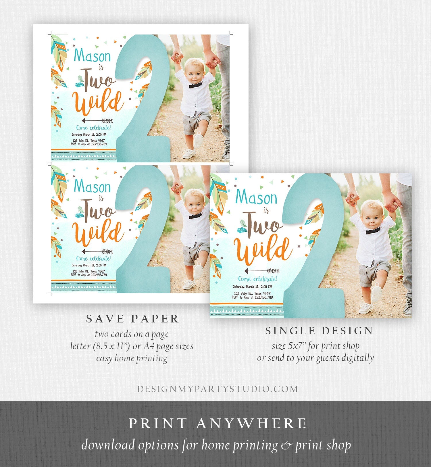 Editable Two Wild Birthday Invitation Boy Second Birthday 2nd Tribal Boho Arrow Feathers Blue Photo Download Corjl Template Printable 0038