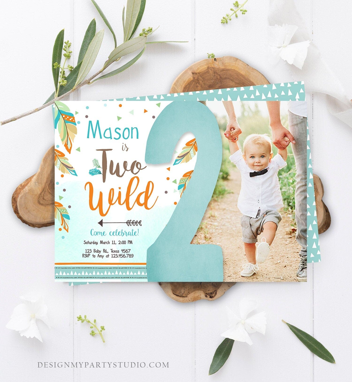 Editable Two Wild Birthday Invitation Boy Second Birthday 2nd Tribal Boho Arrow Feathers Blue Photo Download Corjl Template Printable 0038