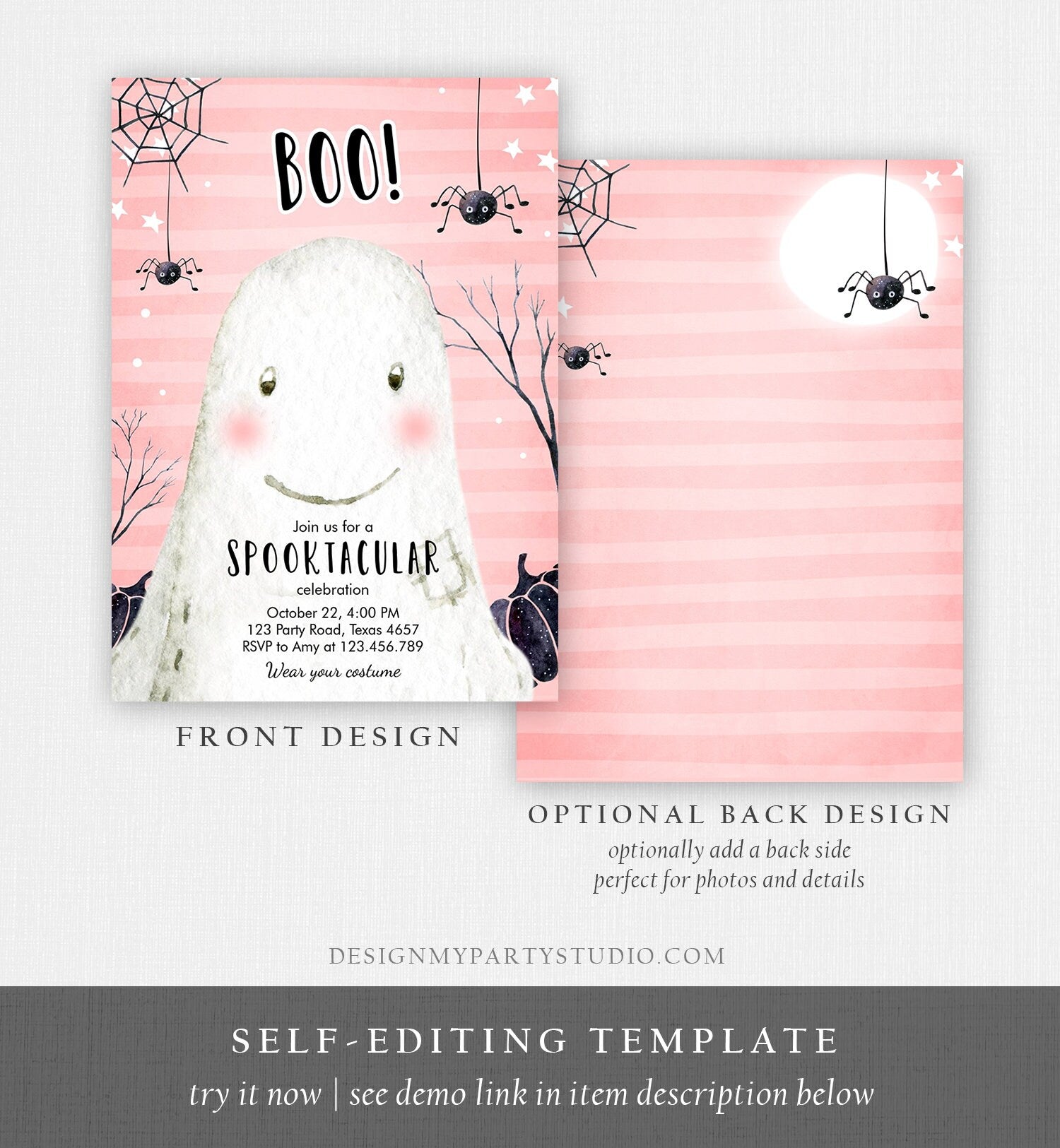 Editable Halloween Birthday Invitation Costume Party Girl Pink Kids Boo Bash Kids Halloween Download Printable Template Corjl 0315