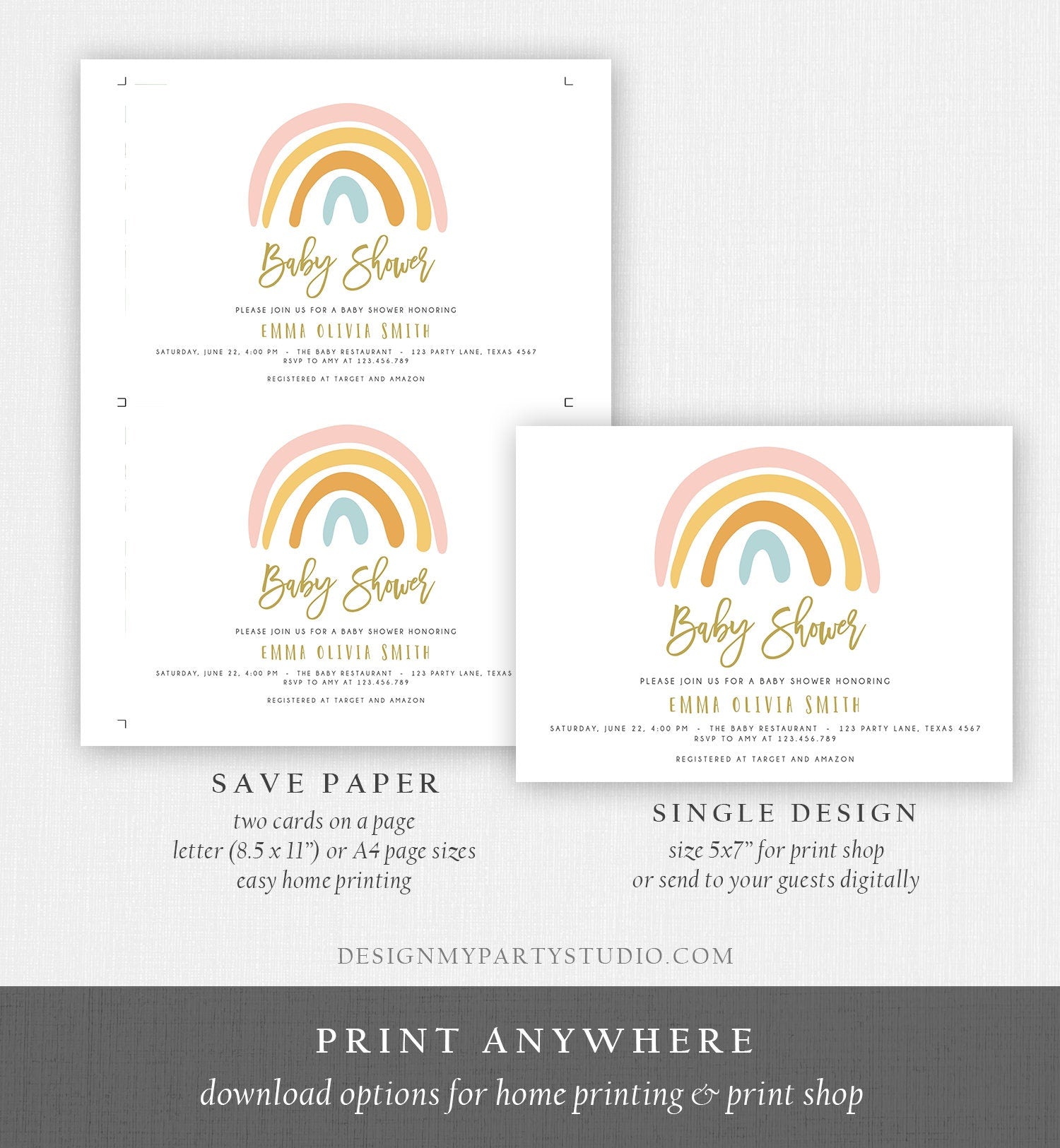 Editable Rainbow Baby Shower Invitation Muted Rainbow Invitation Gender Neutral Pastel Birthday Pink Girl Bow Download Corjl Template 0331