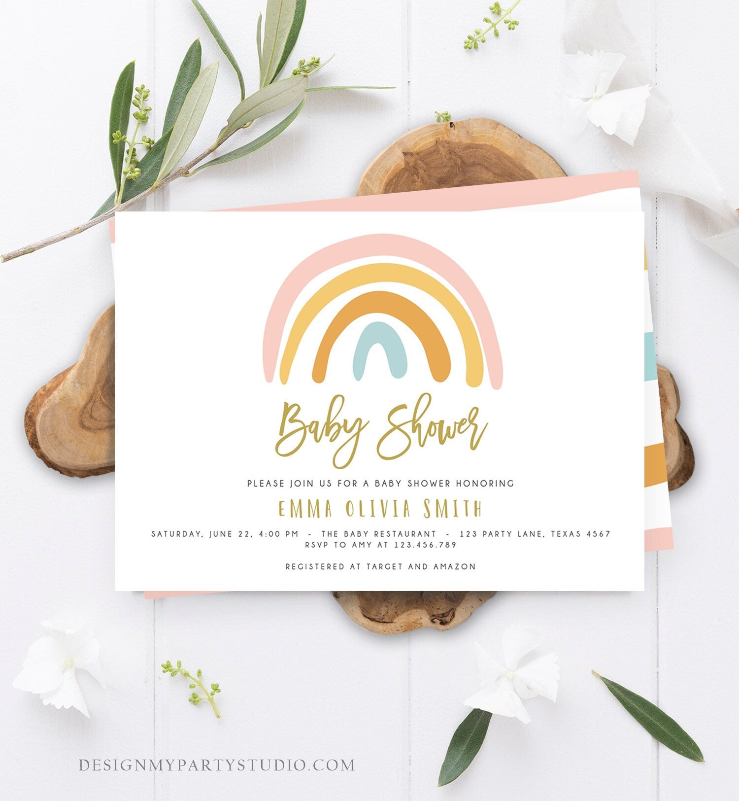 Editable Rainbow Baby Shower Invitation Muted Rainbow Invitation Gender Neutral Pastel Birthday Pink Girl Bow Download Corjl Template 0331