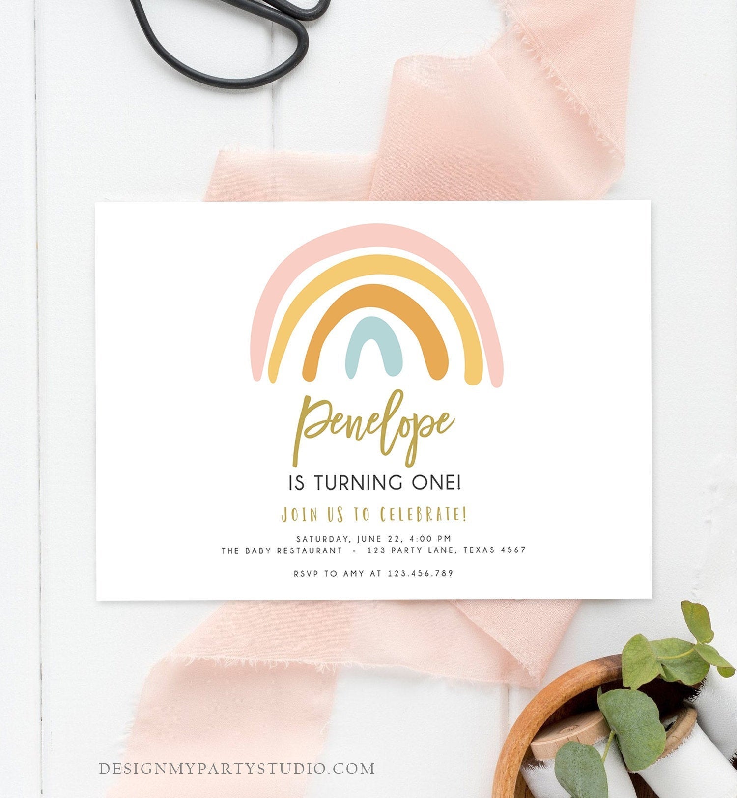 Editable Rainbow Birthday Invitation Muted Rainbow Invitation Pastel 1st Birthday Pink Girl Any Age First Bday Download Corjl Template 0331