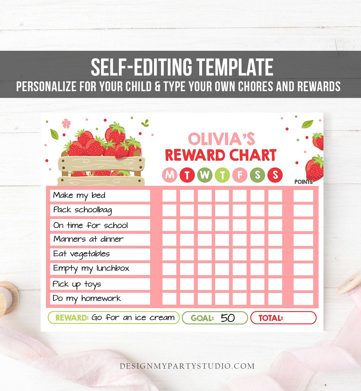 Editable Strawberry Reward Chart Daily Routine Chart for Kids Red Pink Green Sweet Little Girl Chore Chart Printable Template Corjl 0091