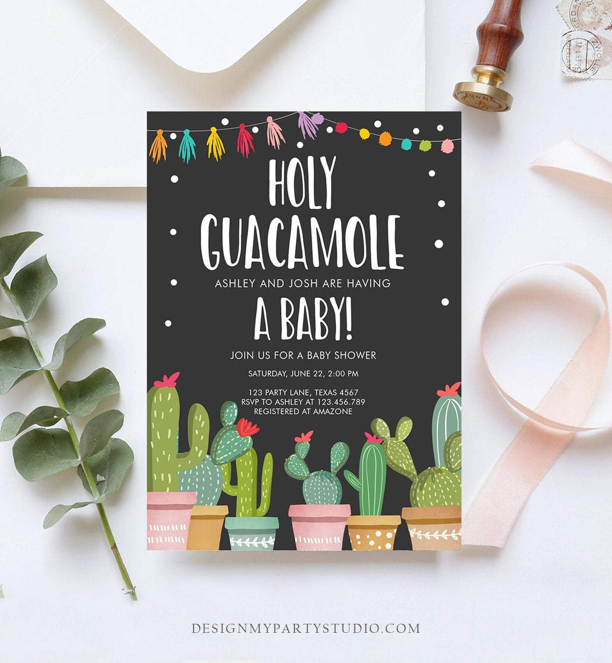 Editable Holy Guacamole Baby Shower Invitation Fiesta Cactus Mexican Taco Succulent Instant Download Printable Corjl Template Digital 0254