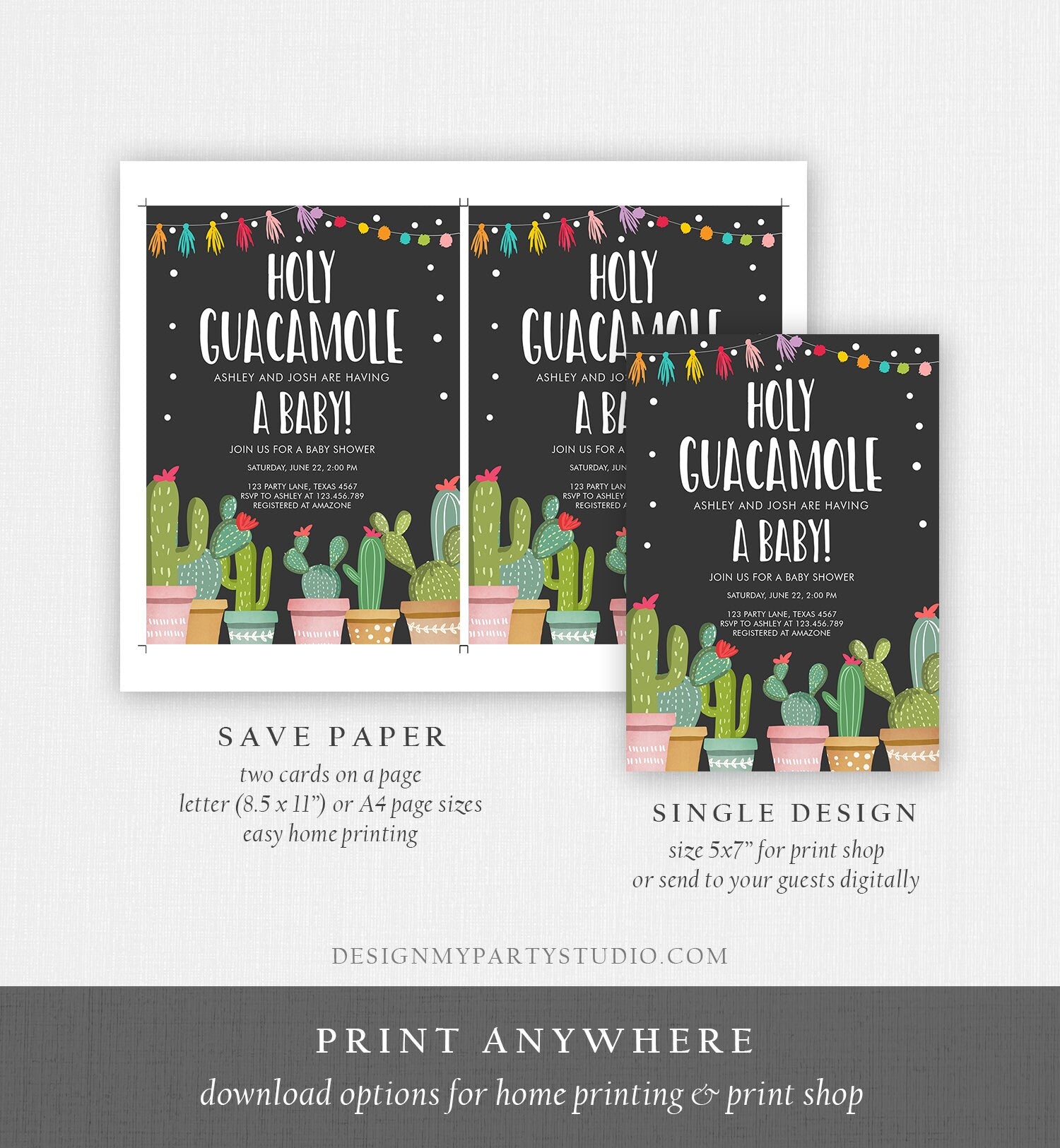 Editable Holy Guacamole Baby Shower Invitation Fiesta Cactus Mexican Taco Succulent Instant Download Printable Corjl Template Digital 0254