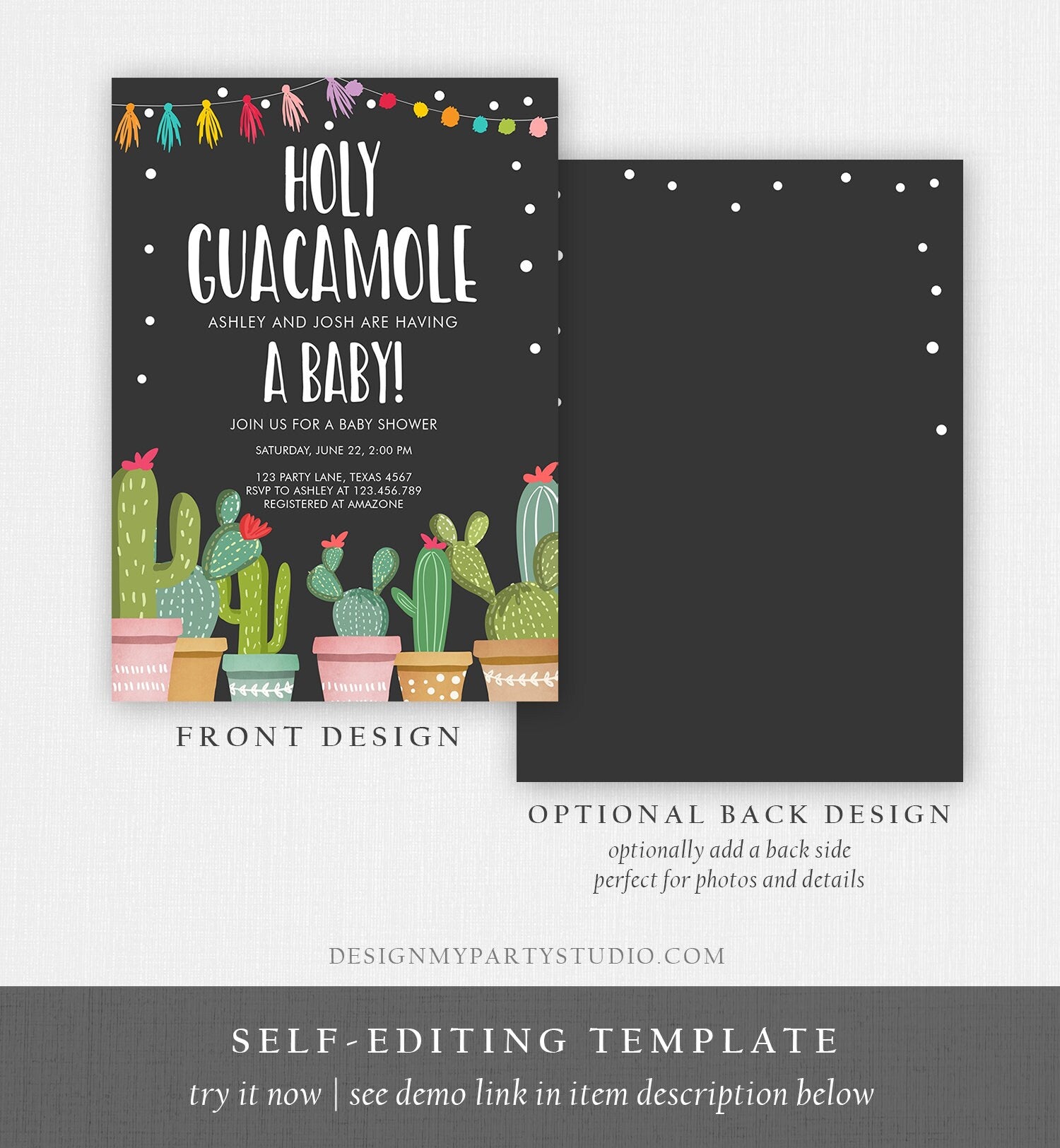 Editable Holy Guacamole Baby Shower Invitation Fiesta Cactus Mexican Taco Succulent Instant Download Printable Corjl Template Digital 0254