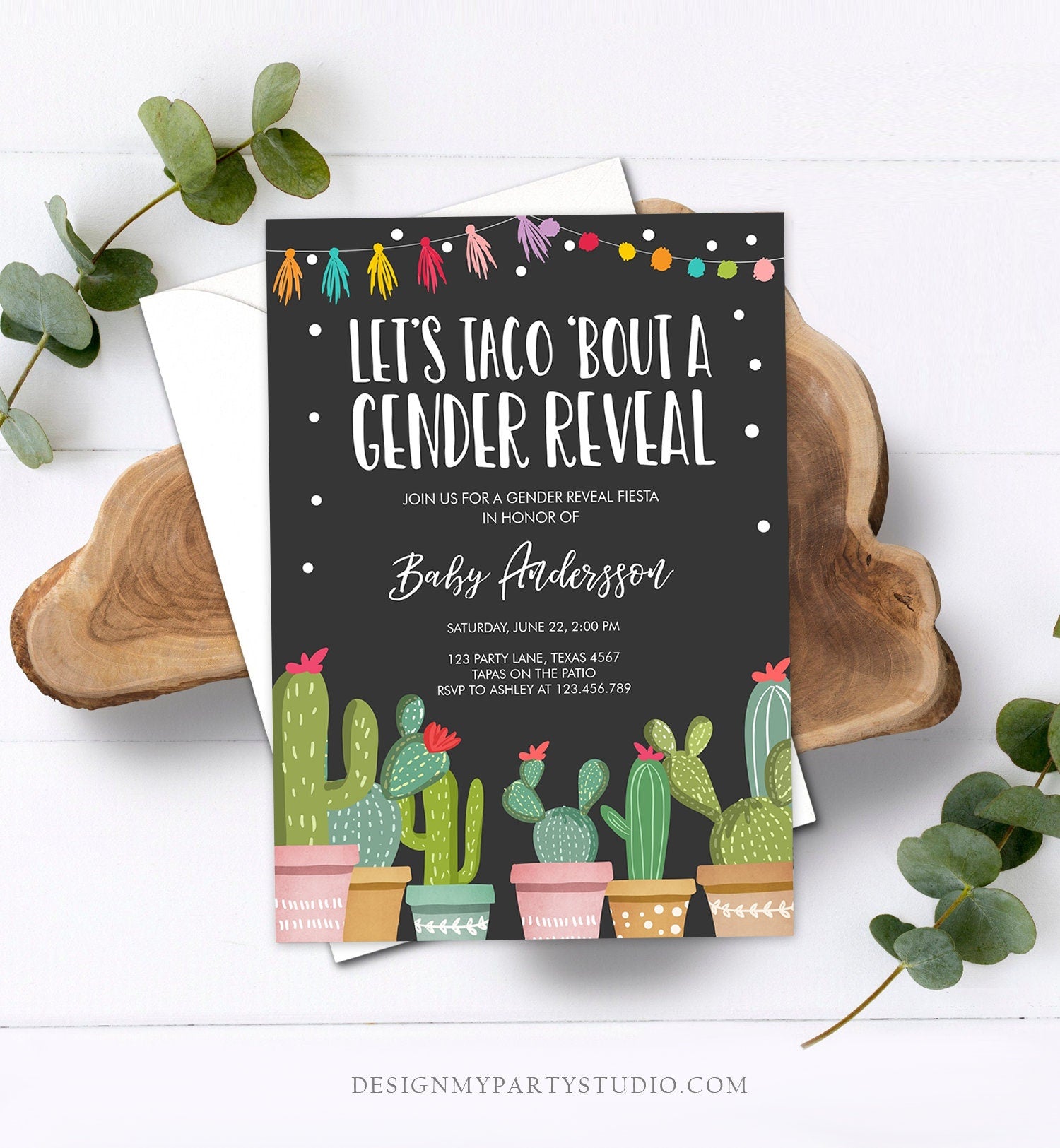 Editable Taco Bout a Gender Reveal Invitation Cactus Mexican Fiesta He or She Boy or Girl Party Download Printable Corjl Template 0254