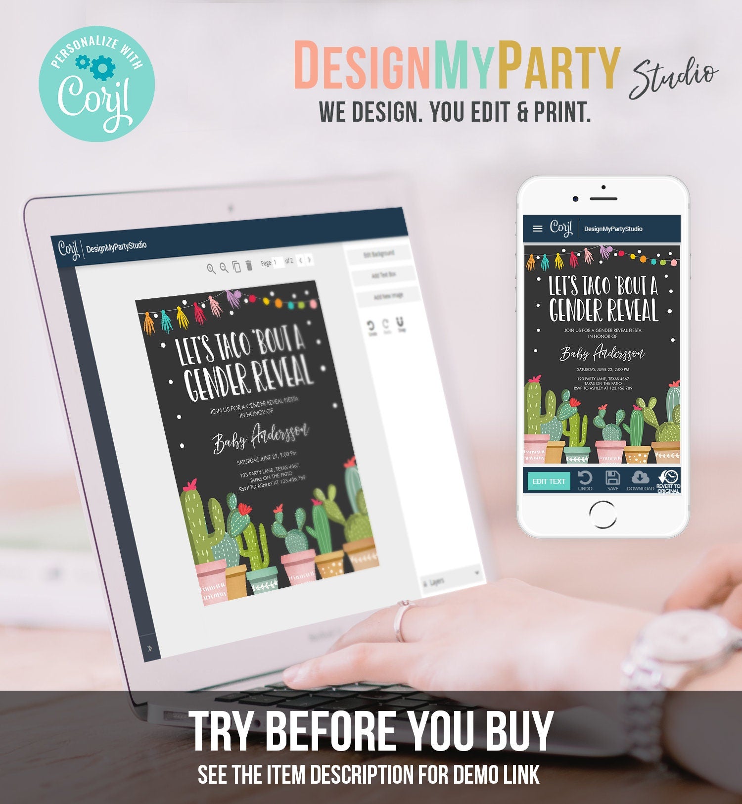 Editable Taco Bout a Gender Reveal Invitation Cactus Mexican Fiesta He or She Boy or Girl Party Download Printable Corjl Template 0254