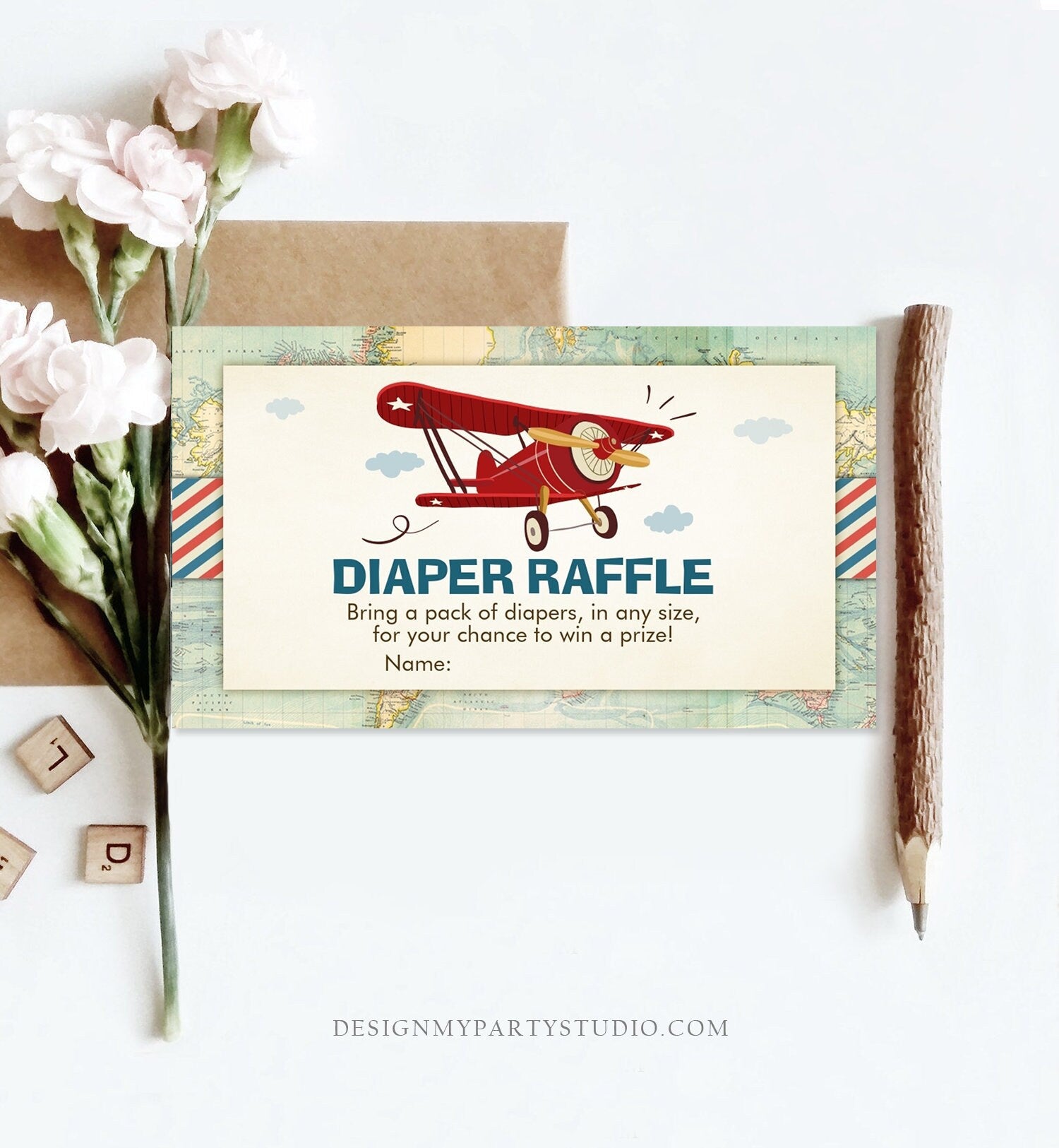 Editable Diaper Raffle Ticket Airplane Baby Shower Travel Adventure Diaper Game Red Plane Diaper Ticket Game Corjl Template Printable 0011