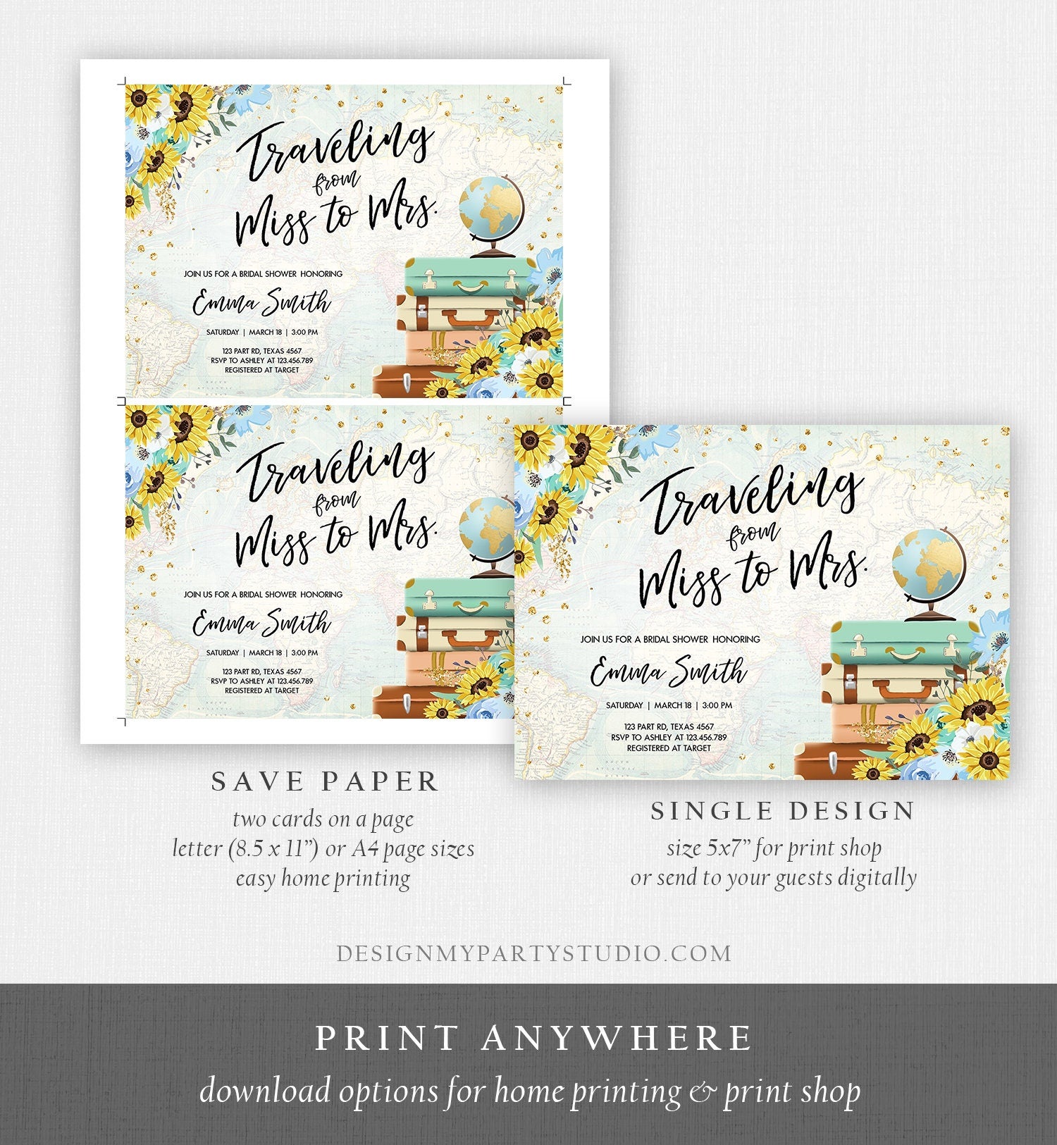 Editable Miss to Mrs Travel Bridal Shower Invitation Sunflowers Globe Suitcase Gold Confetti Traveling Blue Floral Corjl Template 0030