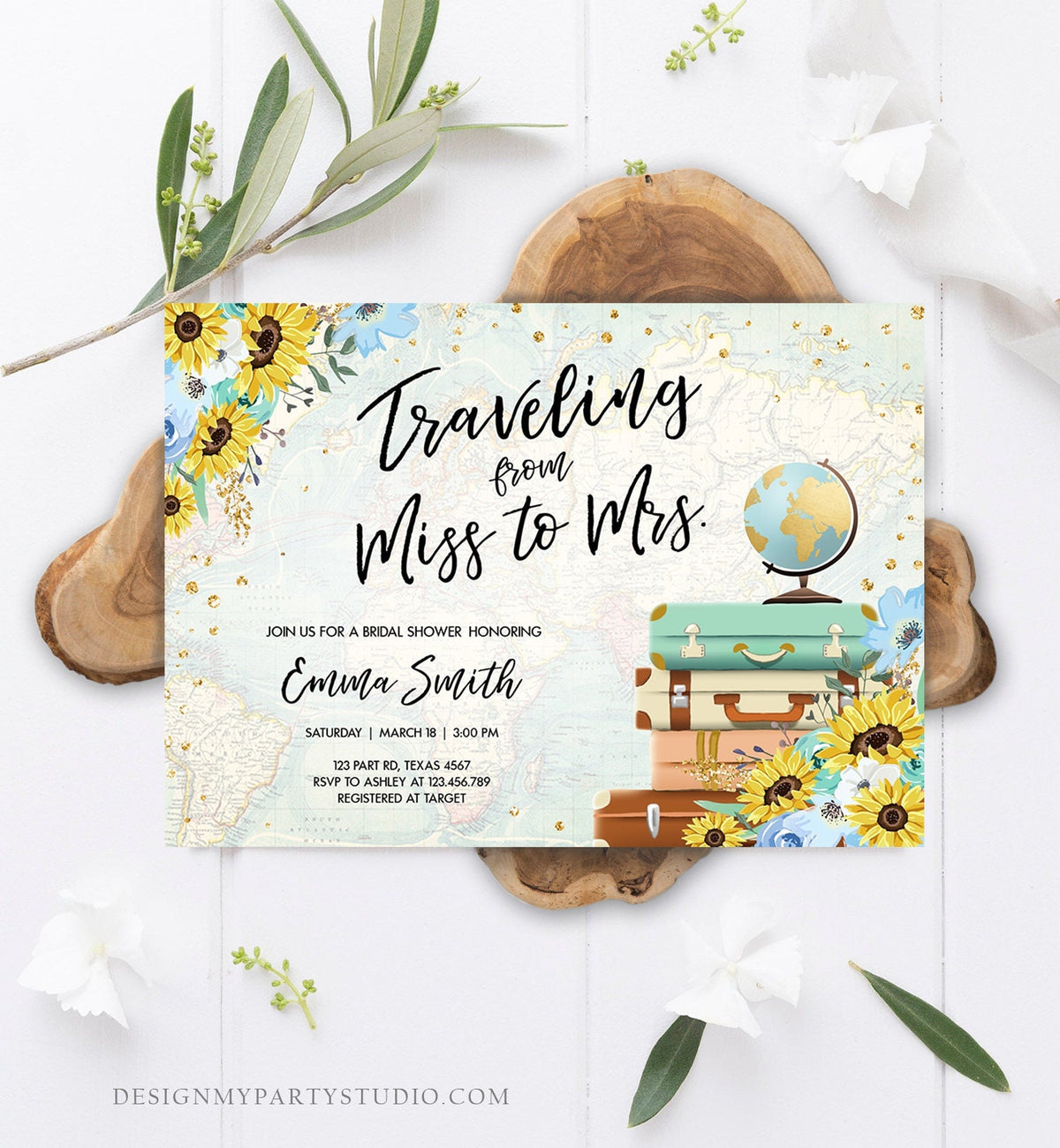 Editable Miss to Mrs Travel Bridal Shower Invitation Sunflowers Globe Suitcase Gold Confetti Traveling Blue Floral Corjl Template 0030