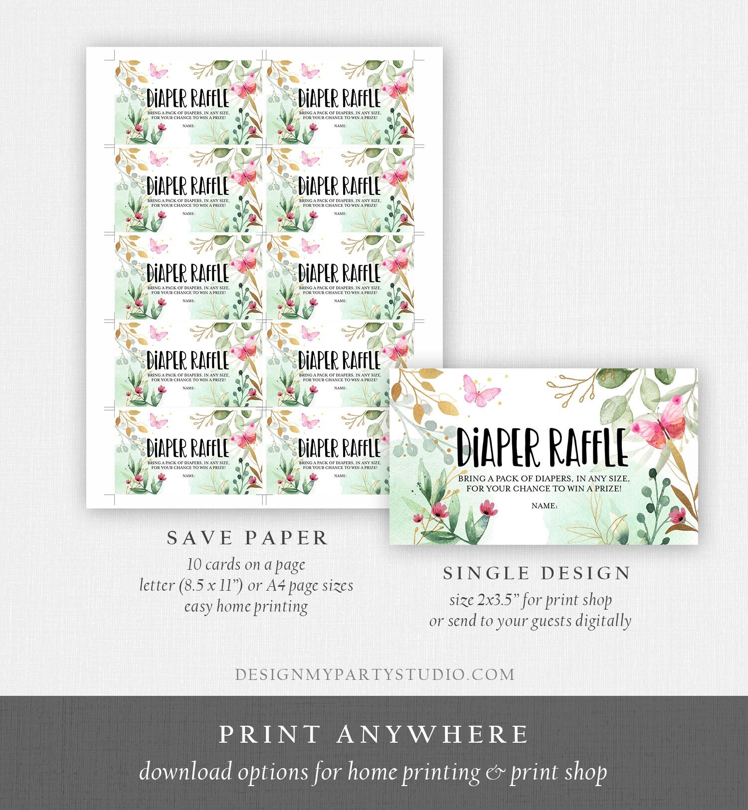 Editable Diaper Raffle Ticket Butterfly Baby Shower Greenery Floral Pink and Gold Diaper Game Garden Tea Corjl Template Printable 0170