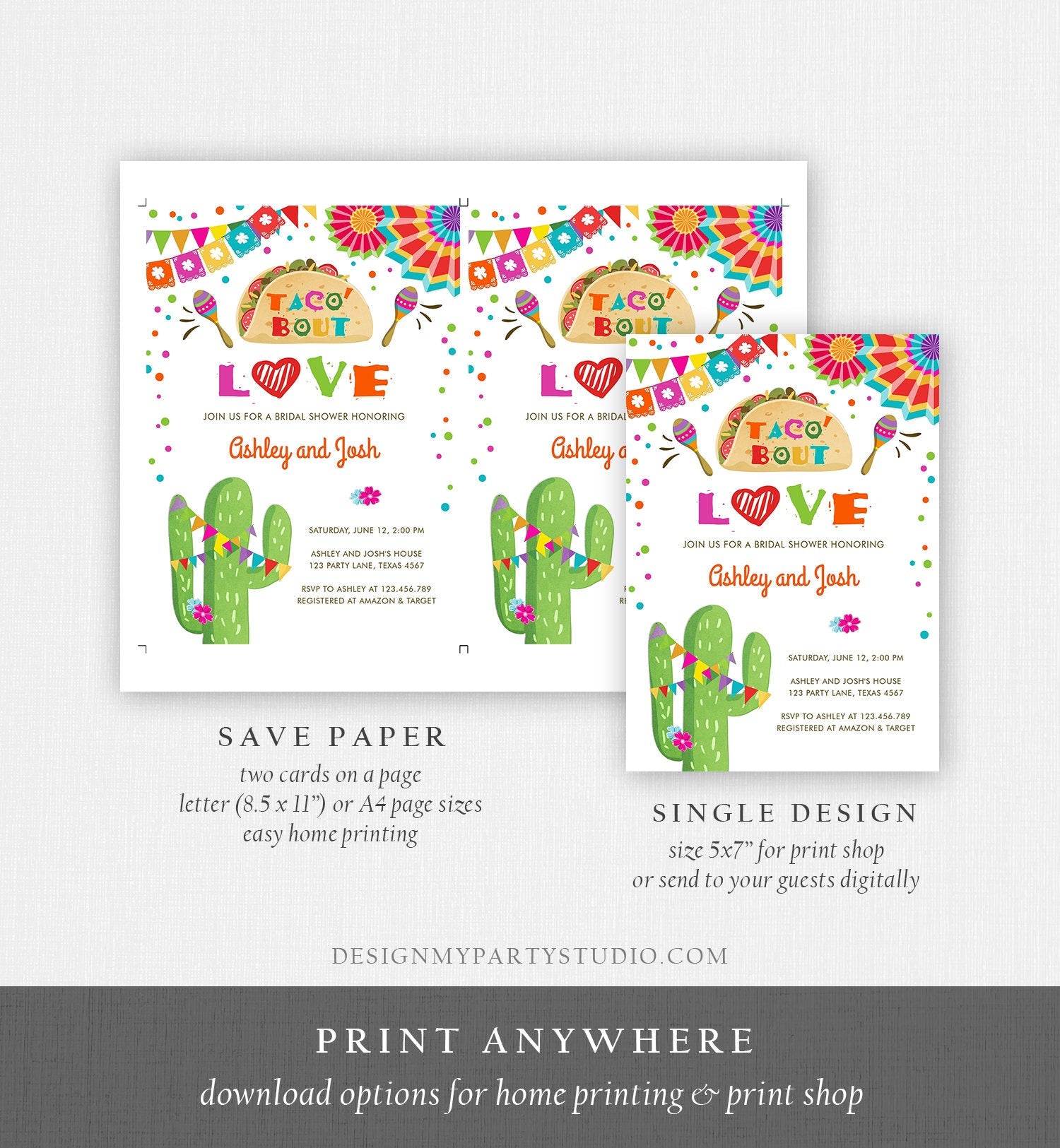 Editable Taco Bout Love Fiesta Couples Shower Invitation Coed Joined Cactus Mexican Instant Digital Download Corjl Template Printable 0045