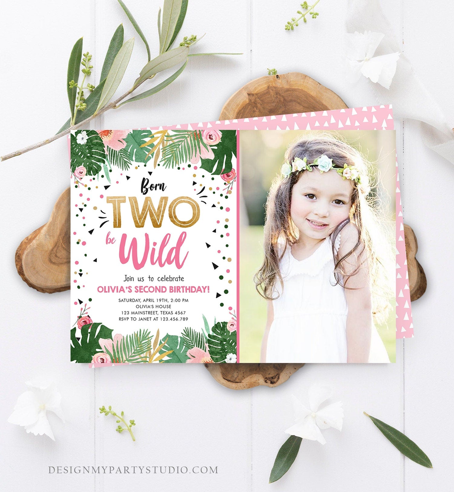 Editable Born Two be Wild Birthday Invitation Girl Tropical Safari Pink Gold Second Birthday 2nd Download Corjl Template Printable 0332