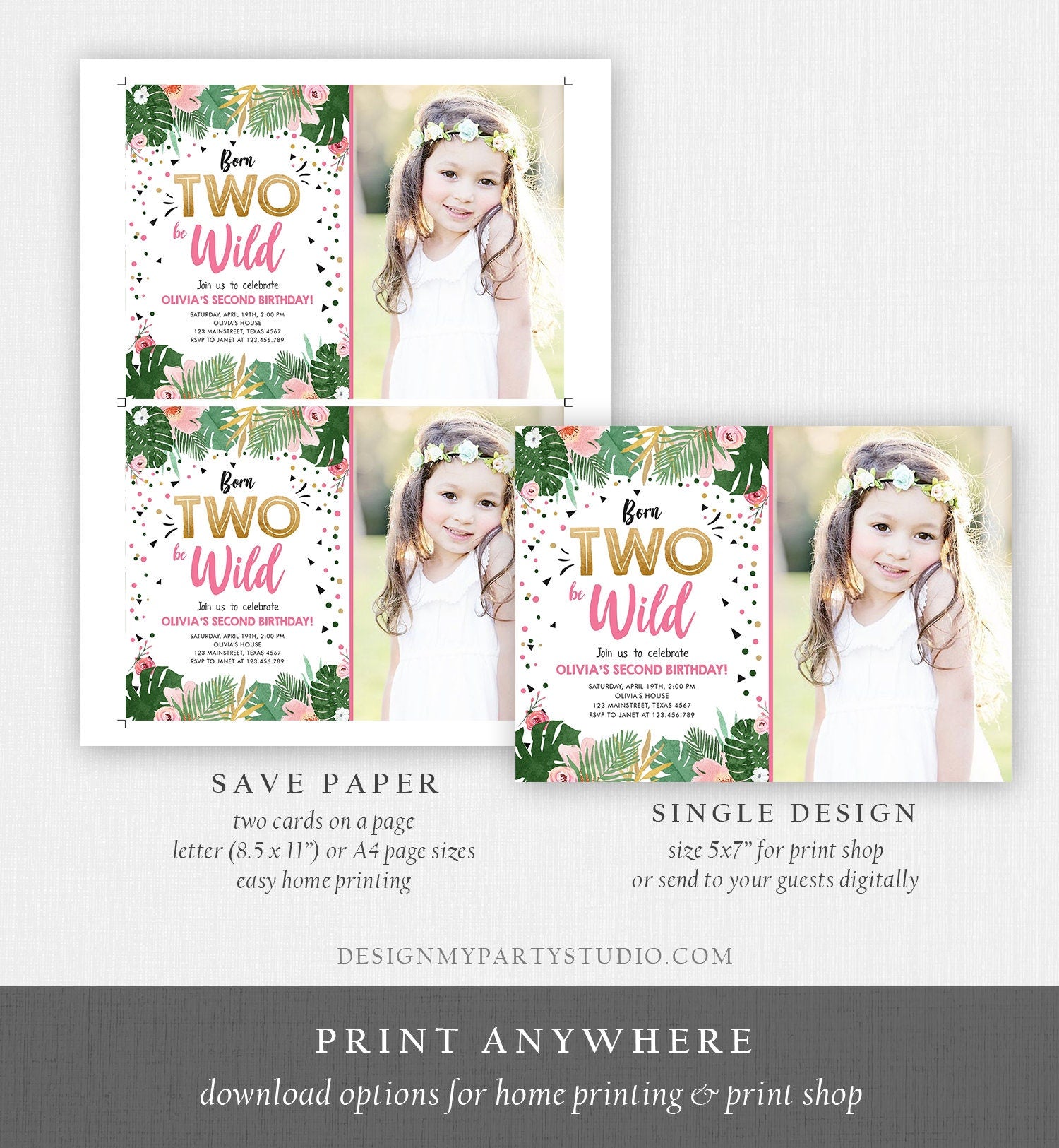 Editable Born Two be Wild Birthday Invitation Girl Tropical Safari Pink Gold Second Birthday 2nd Download Corjl Template Printable 0332