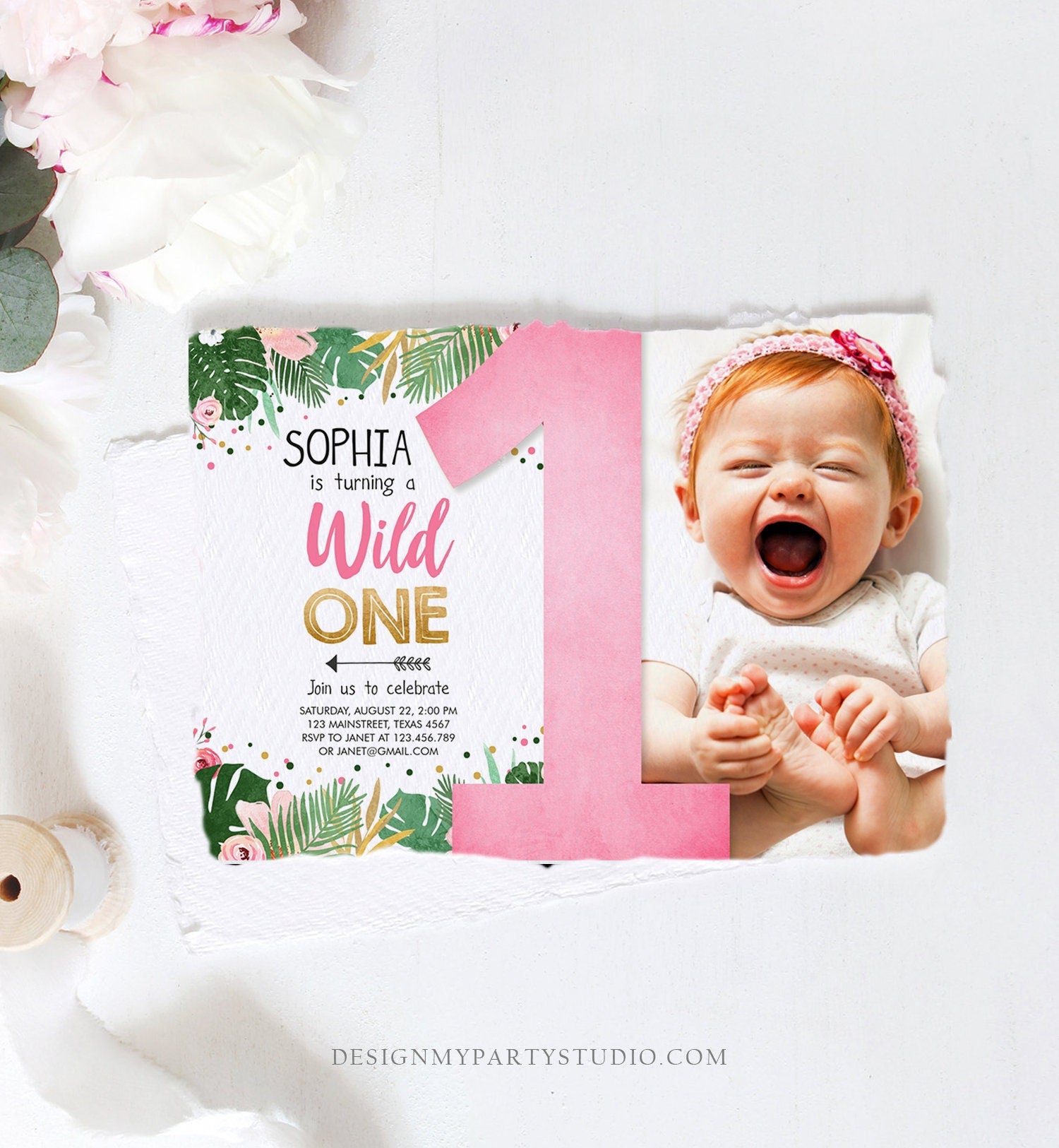 Editable Wild One Birthday Invitation Girl Tropical Safari Jungle Zoo Party Leaves Pink Gold First Birthday 1st Download Corjl Template 0332