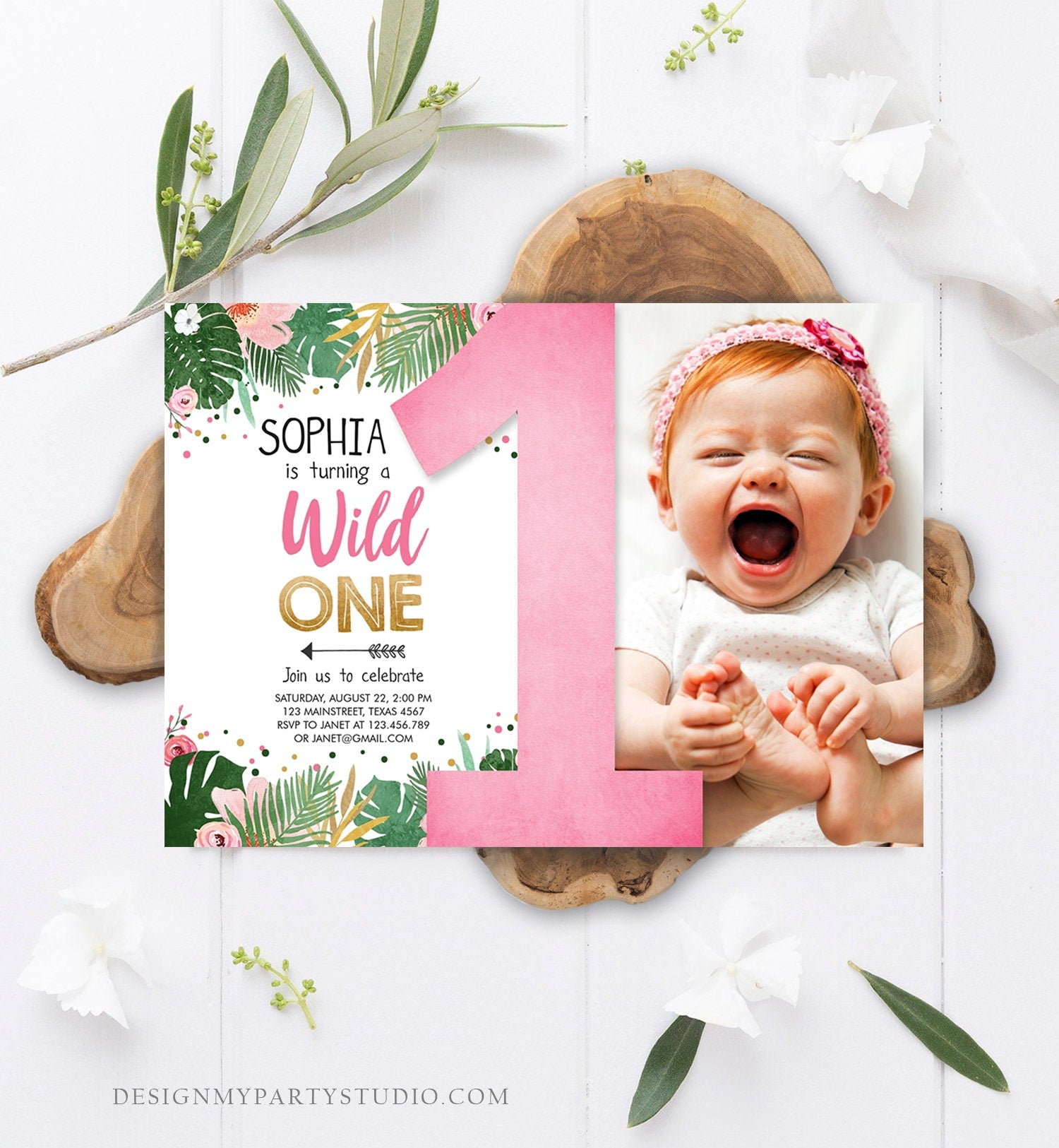 Editable Wild One Birthday Invitation Girl Tropical Safari Jungle Zoo Party Leaves Pink Gold First Birthday 1st Download Corjl Template 0332