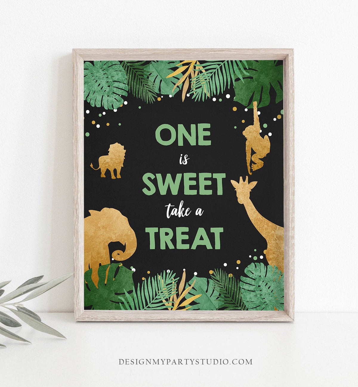 One is Sweet Take a Treat First Birthday Sign Boy Safari Animals Party 1st Tropical Green Gold Jungle Zoo Table Sign Decor Printable 0016