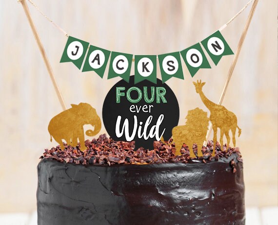 Four Ever Wild Cake Topper 4th Birthday Safari Animals Name Banner Black and Gold Jungle Birthday Zoo party decor PRINTABLE Digital 0016