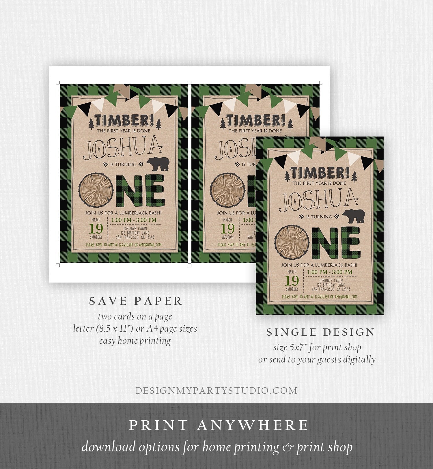 Editable Lumberjack Birthday Invitation Rustic Woodland Birthday Bear Forest Green Plaid Instant Download Printable Template Corjl 0026