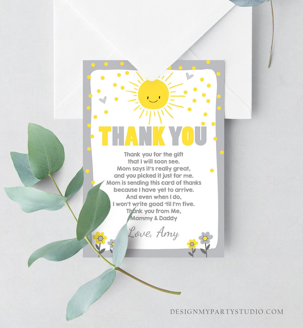 Editable Baby Shower Thank You Card Sunshine Thank You Note Gender Neutral Sunshine Birthday Summer Template Download Digital Corjl 0070