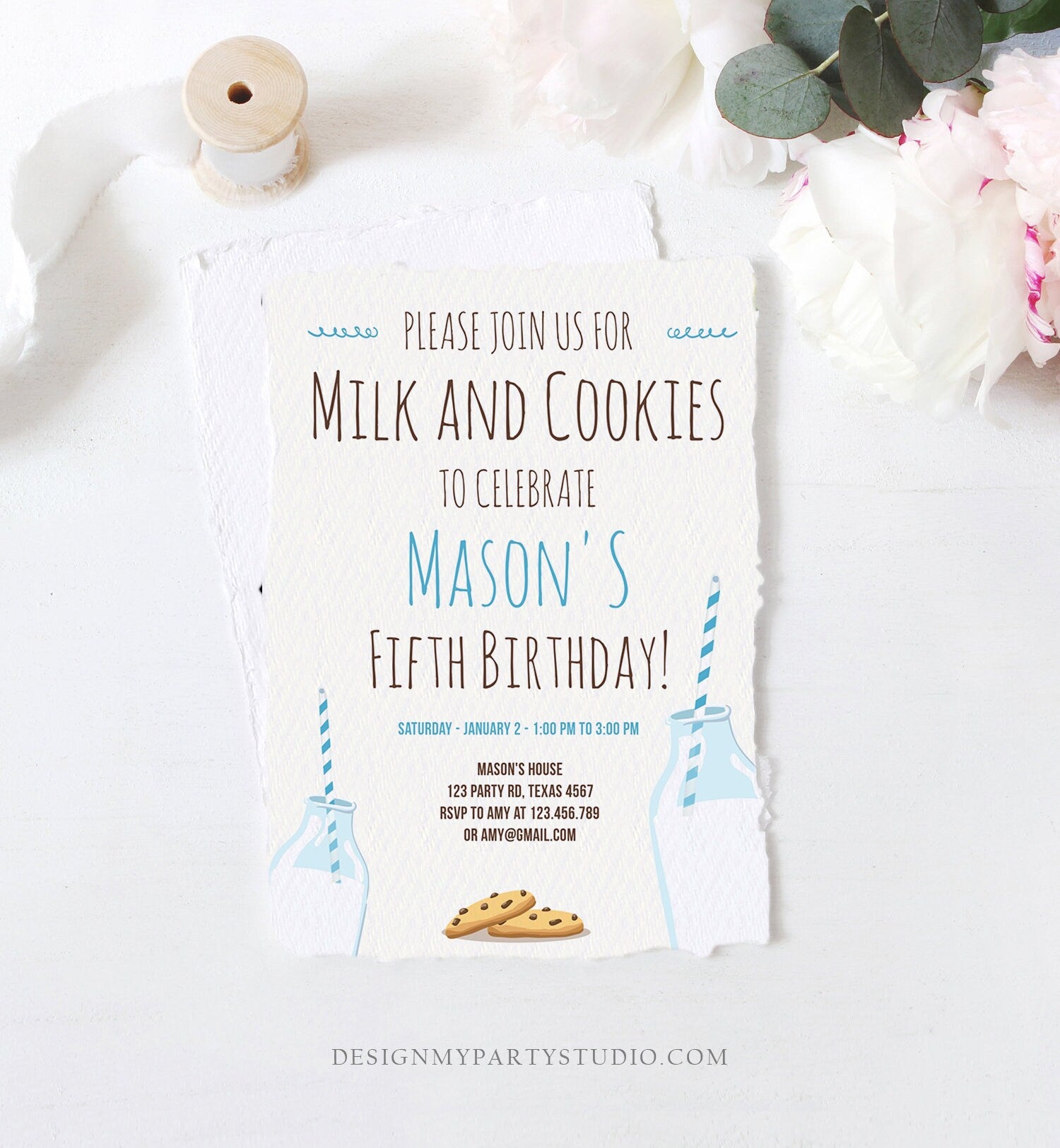 Editable Milk and Cookies Birthday Invitation Milk & Cookies Party Boy Blue Sweet Chocolate Chip Cookie Corjl Template Printable 0088