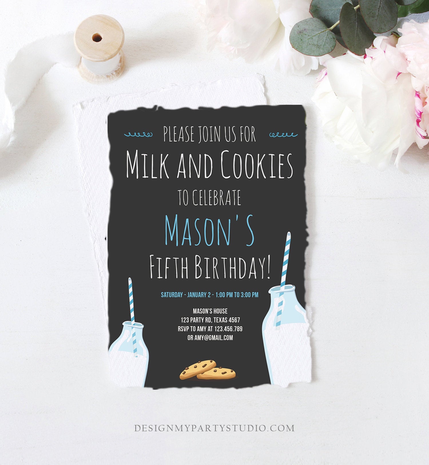 Editable Milk and Cookies Birthday Invitation Milk & Cookies Party Boy Blue Sweet Chocolate Chip Cookie Corjl Template Printable 0088