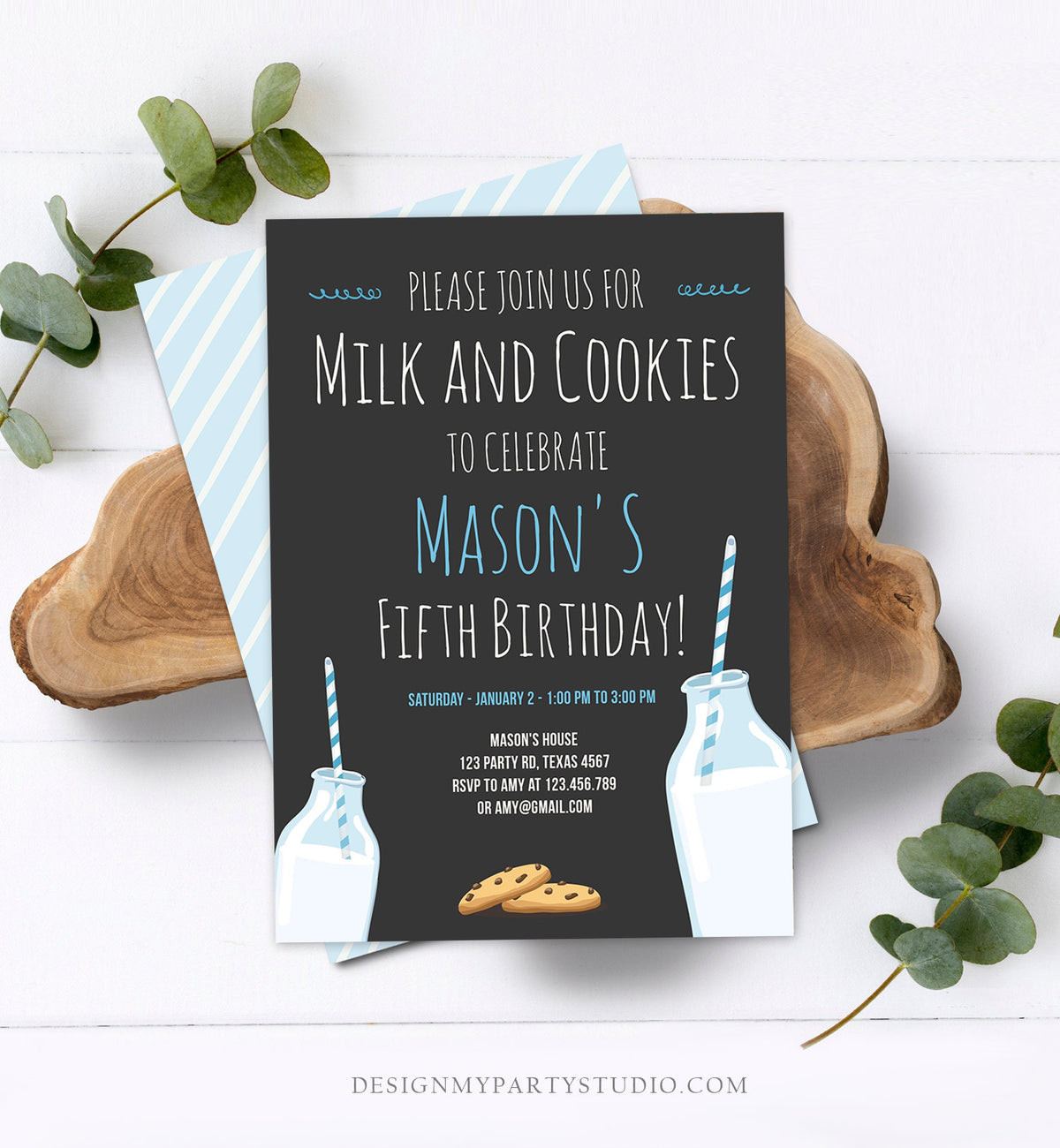 Editable Milk and Cookies Birthday Invitation Milk &amp; Cookies Party Boy Blue Sweet Chocolate Chip Cookie Corjl Template Printable 0088