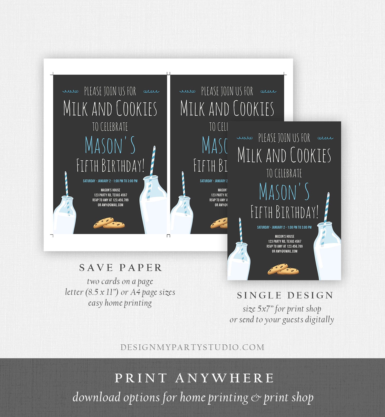 Editable Milk and Cookies Birthday Invitation Milk & Cookies Party Boy Blue Sweet Chocolate Chip Cookie Corjl Template Printable 0088