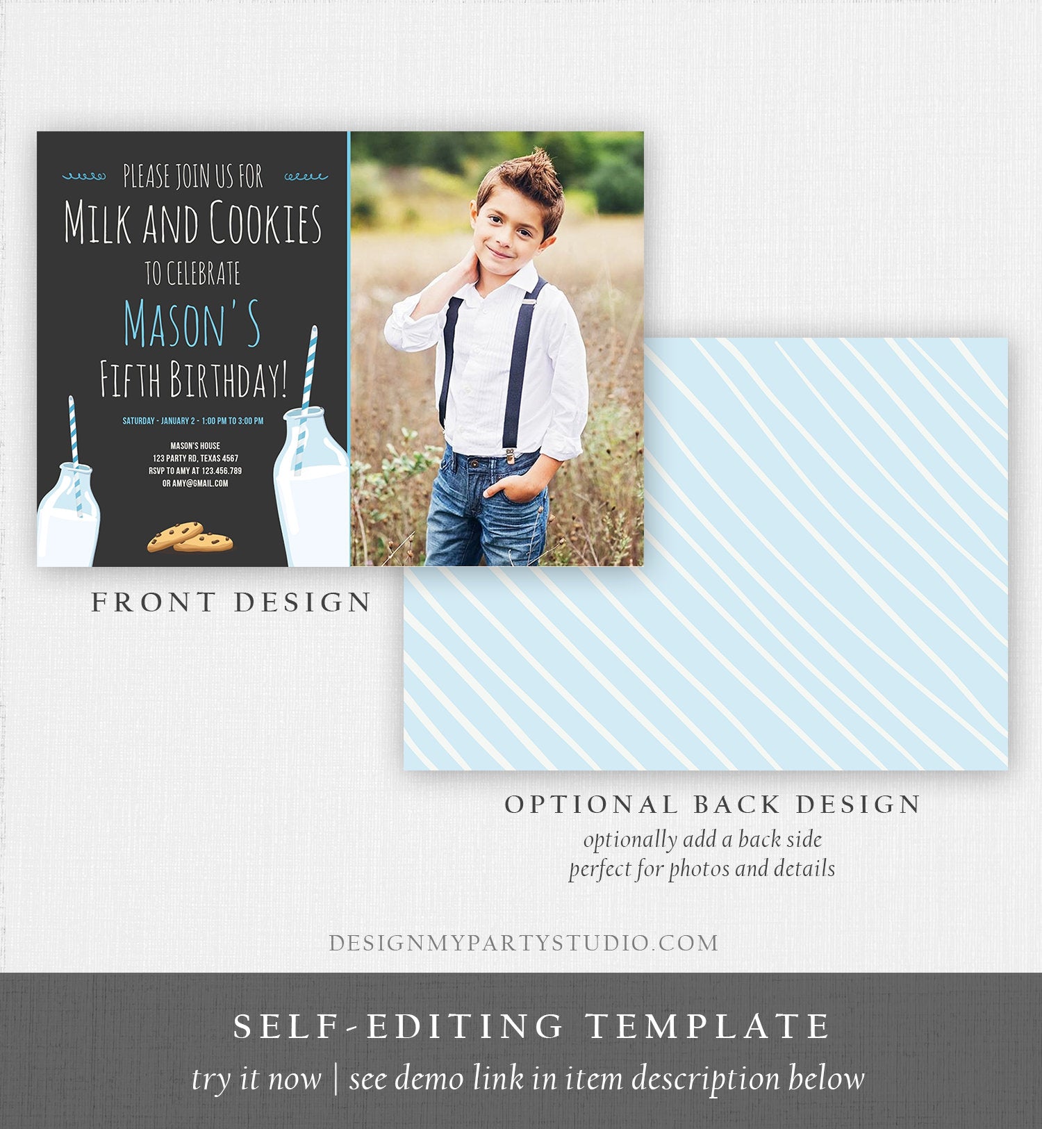 Editable Milk and Cookies Birthday Invitation Milk & Cookies Party Boy Blue Sweet Chocolate Chip Cookie Corjl Template Printable 0088