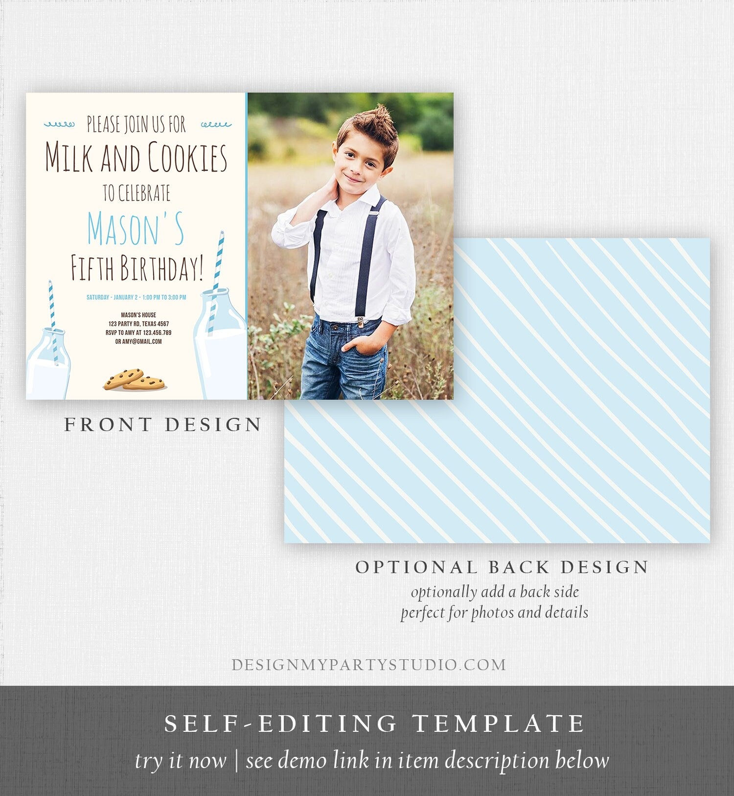 Editable Milk and Cookies Birthday Invitation Milk & Cookies Party Boy Blue Sweet Chocolate Chip Cookie Corjl Template Printable 0088