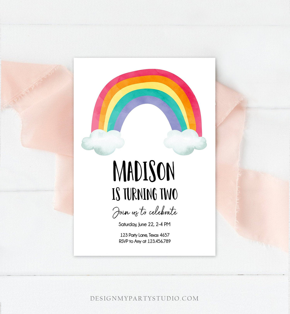 Editable Rainbow Birthday Invitation Kids Girl Boy Neutral Party Clouds Colorful Rainbow Colors Printable Corjl Template Digital 0272