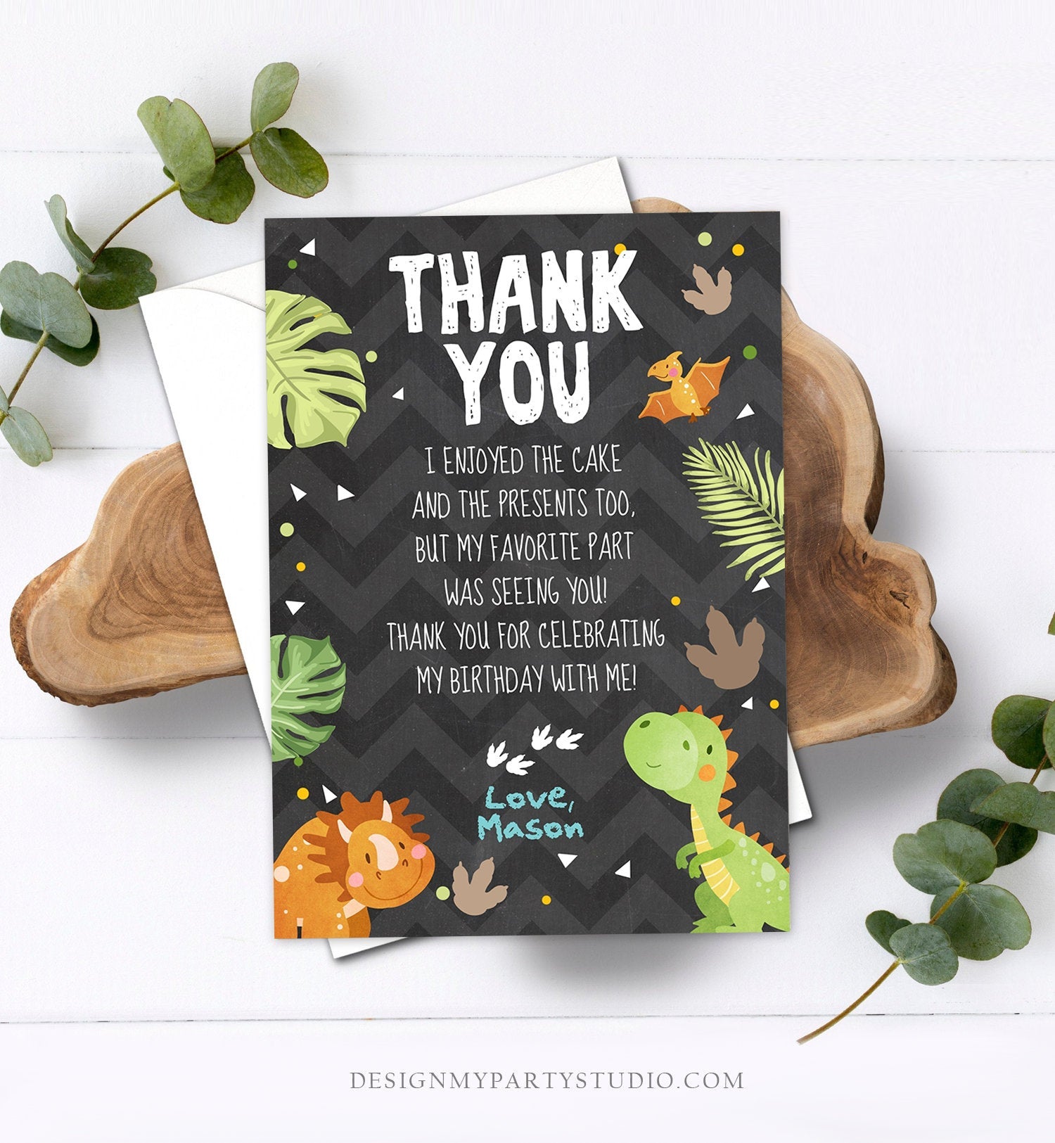 Editable Dinosaur Thank You Card Boy Prehistoric Dino Dig Party T-Rex Fossil Foot Prints Digital Download Printable Template Corjl 0283